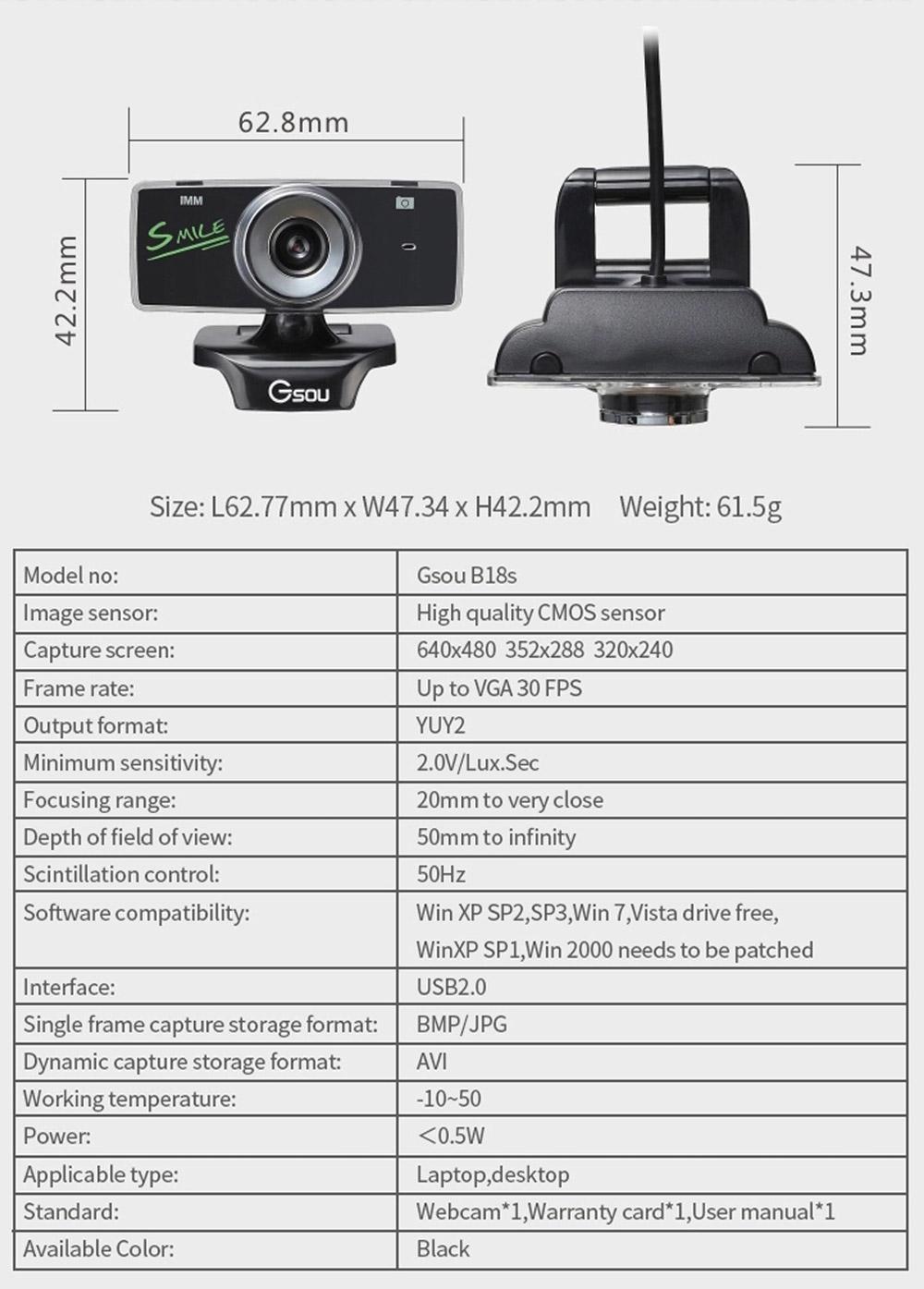 GSOU B18s USB 2.0 HD 12 Megapixels Webcam Free Drive Computer Camera with Microphone MIC - Black