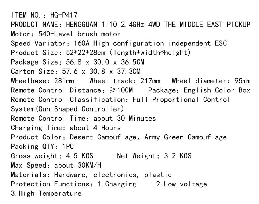 HG P417 2.4G 1/10 4X4 4WD Rock Crawler Truck RC Car without Battery Charger - Army Green