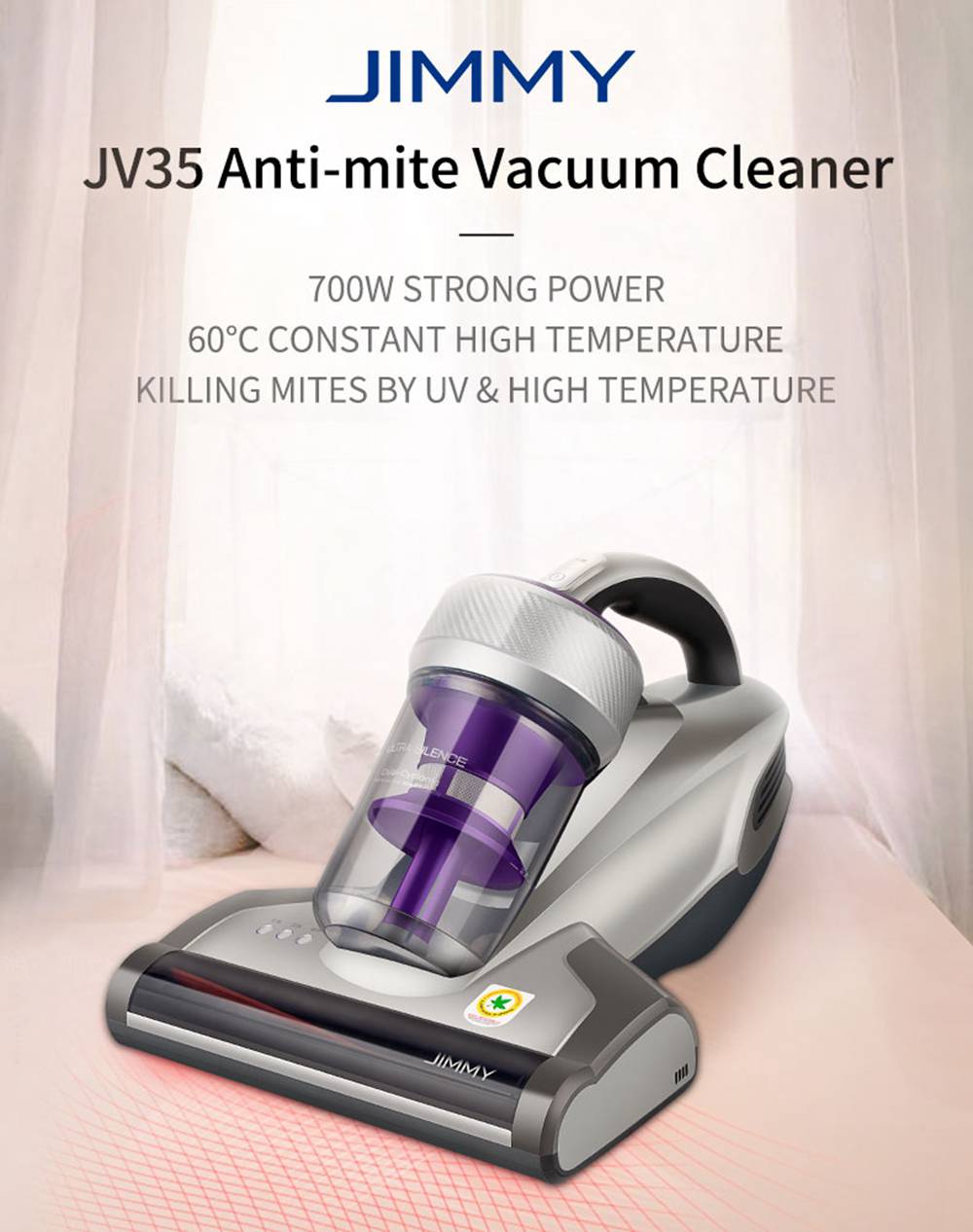 JIMMY JV35 Aspirator anti-acarieni UV Acaricid 700W Putere 14Kpa Aspirație puternică Versiune internațională - Gri