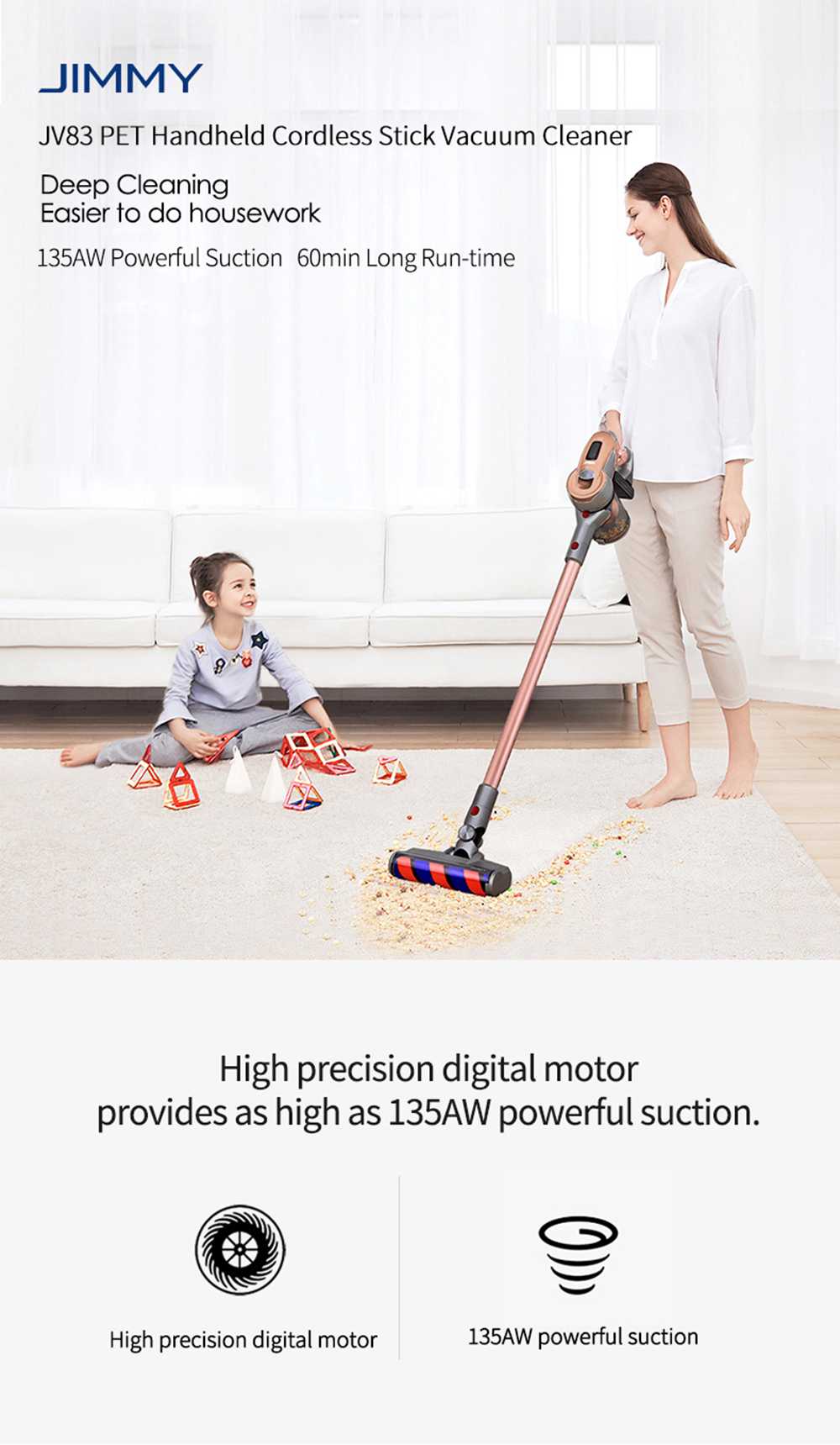 JIMMY JV83 Wireless Handheld Vacuum Cleaner 20Kpa Strong Suction 400W Digital Brushless Motor 60 Minute Run Time Anti-winding Hair Global Version