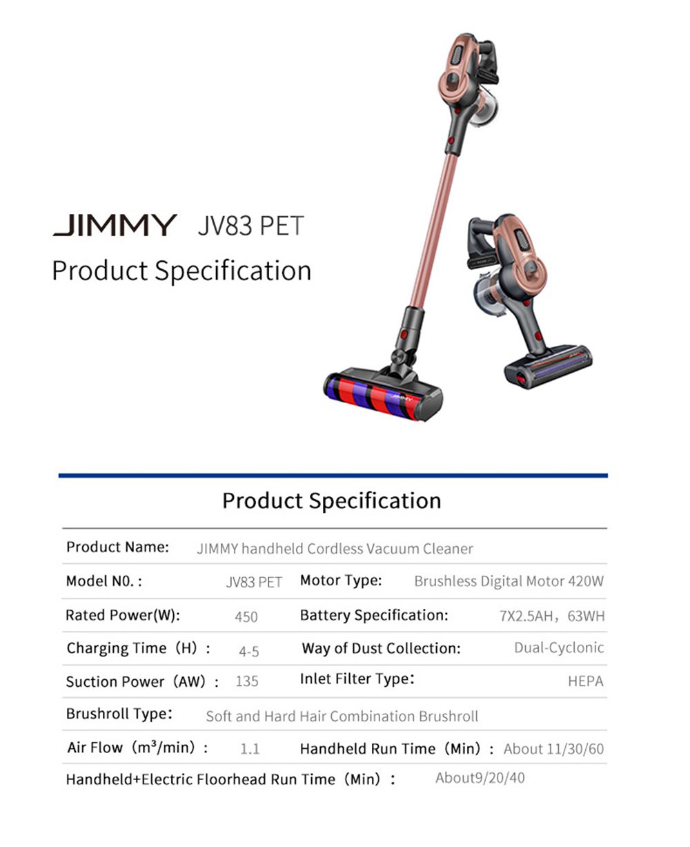 JIMMY JV83 Wireless Handheld Vacuum Cleaner 20Kpa Strong Suction 400W Digital Brushless Motor 60 Minute Run Time Anti-winding Hair Global Version