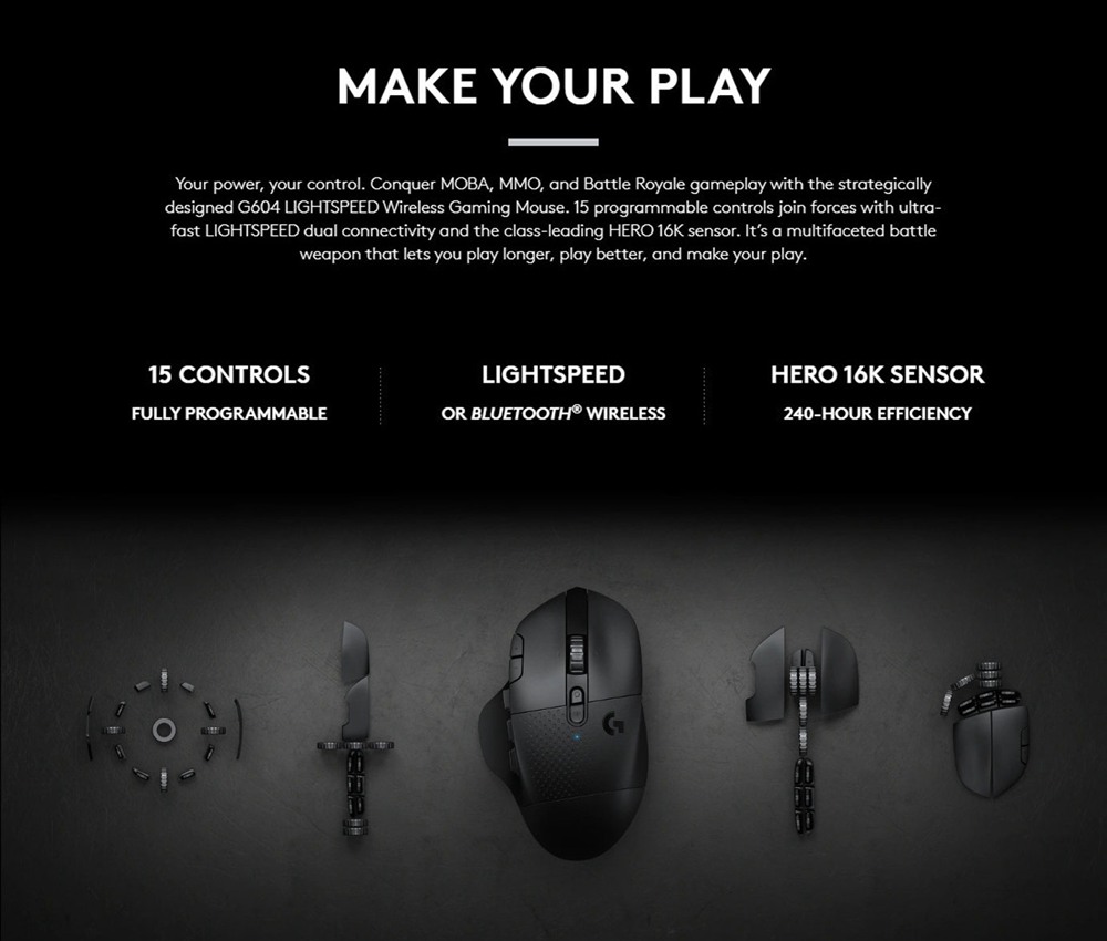 Logitech G604 Bluetooth Wireless Gaming Mouse 1000 Hz LIGHTSPEED Rate Dual-mode 16000DPI Hero Sensor - Black