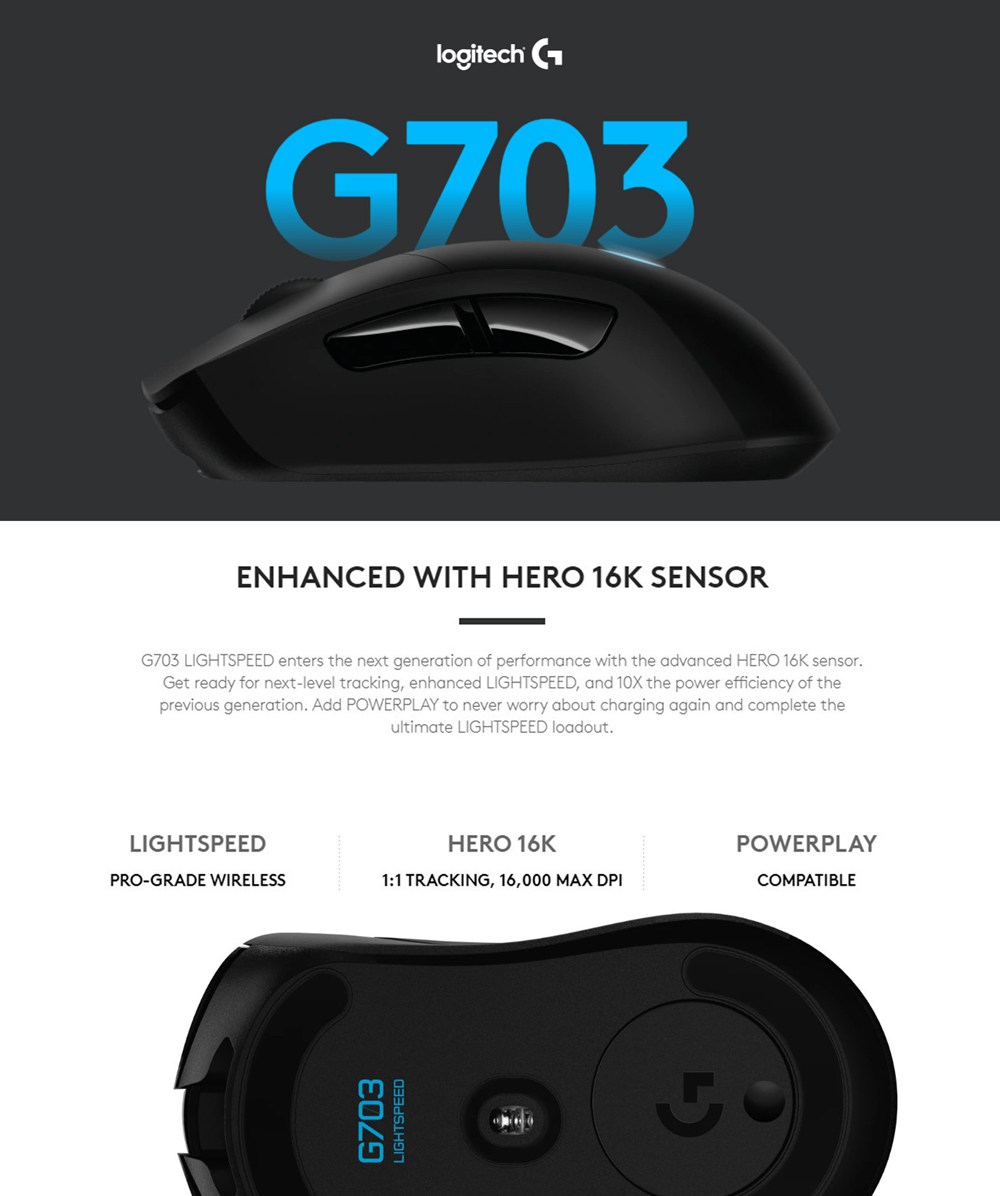 正規 送料無料 Logitech G703 Lightspeed Wireless Gaming Mouse W/Hero 16K Sensor,  PowerPlay