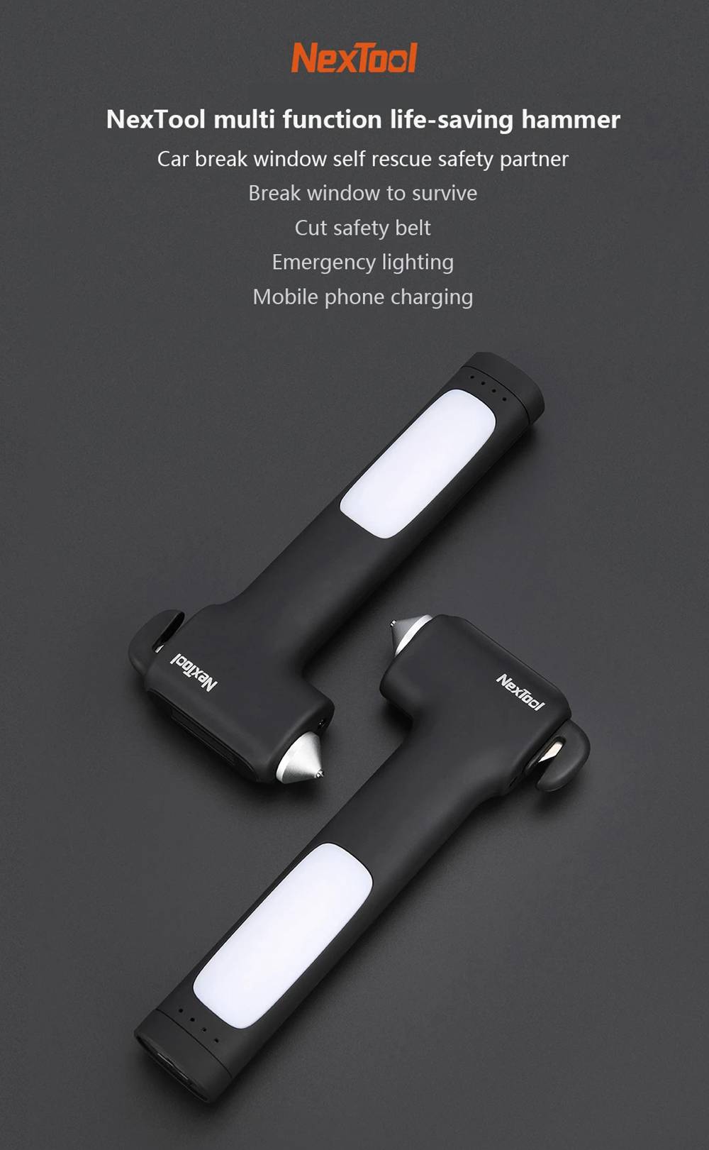 NexTool Multifunction Lifesaving Hammer Emergency Lighting Tungsten Steel Hammer Head Built-in Rope Cutter Magnet Fixed USB Charging Mobile Power - Black