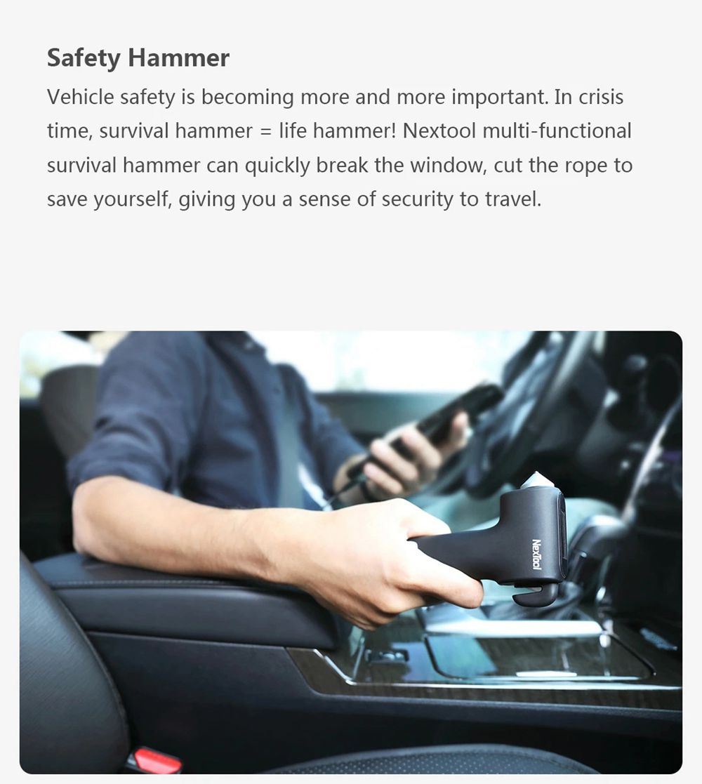 NexTool Multifunction Lifesaving Hammer Emergency Lighting Tungsten Steel Hammer Head Built-in Rope Cutter Magnet Fixed USB Charging Mobile Power - Black