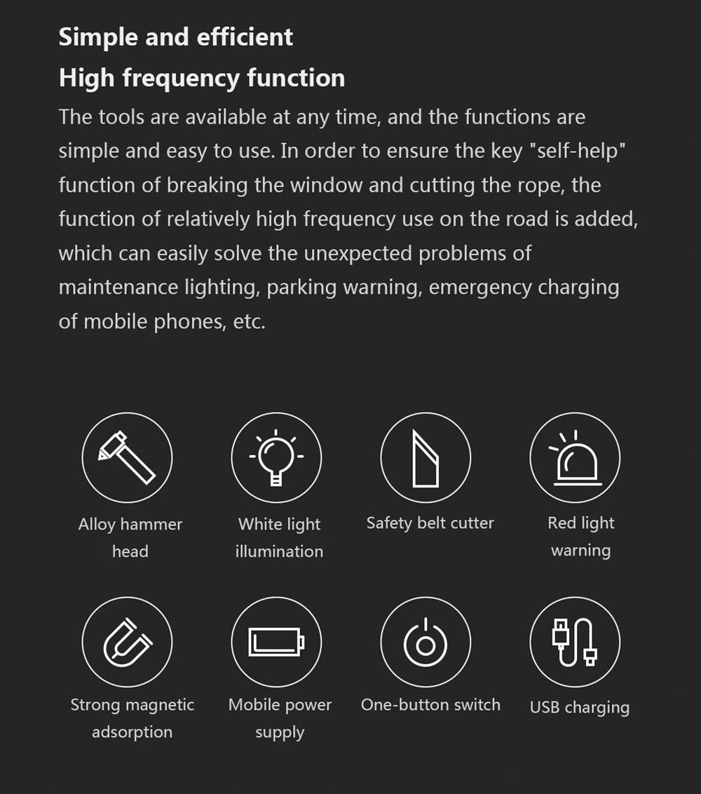 NexTool Multifunction Lifesaving Hammer Emergency Lighting Tungsten Steel Hammer Head Built-in Rope Cutter Magnet Fixed USB Charging Mobile Power - Black