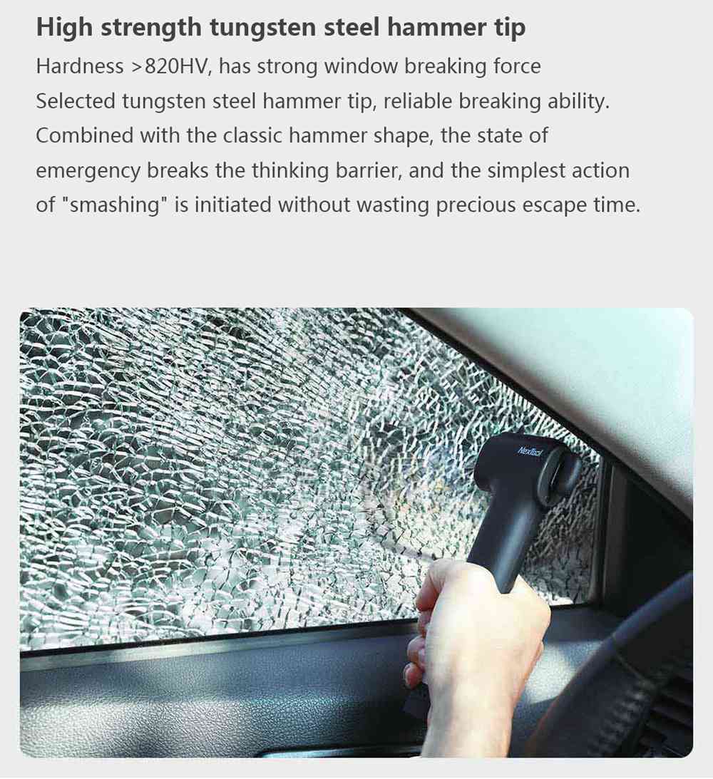 NexTool Multifunction Lifesaving Hammer Emergency Lighting Tungsten Steel Hammer Head Built-in Rope Cutter Magnet Fixed USB Charging Mobile Power - Black