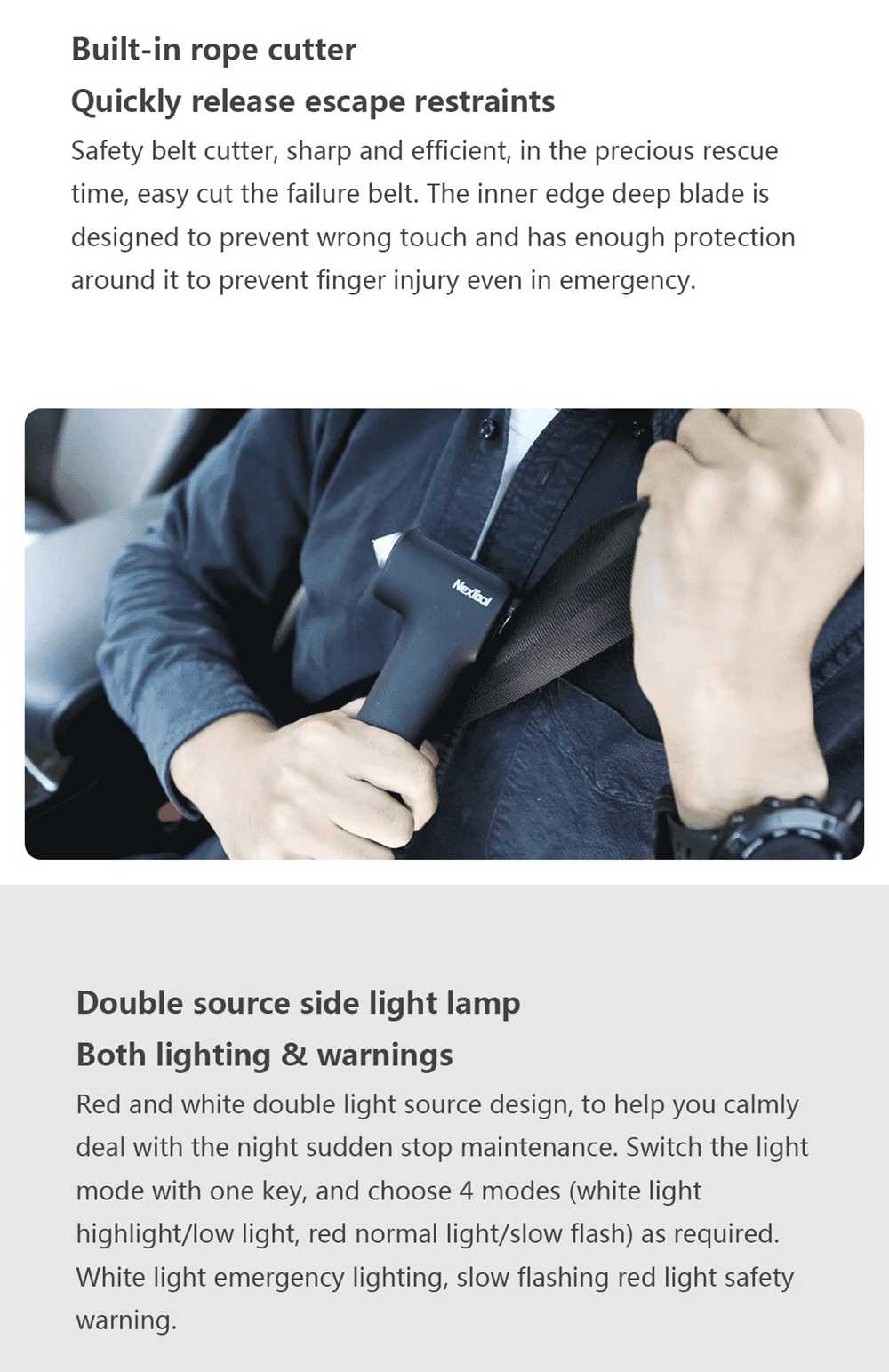 NexTool Multifunction Lifesaving Hammer Emergency Lighting Tungsten Steel Hammer Head Built-in Rope Cutter Magnet Fixed USB Charging Mobile Power - Black