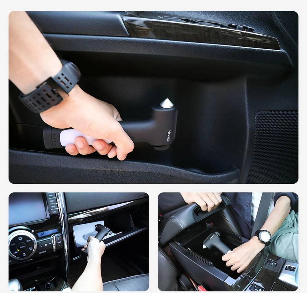 NexTool Multifunction Lifesaving Hammer Emergency Lighting Tungsten Steel Hammer Head Built-in Rope Cutter Magnet Fixed USB Charging Mobile Power - Black