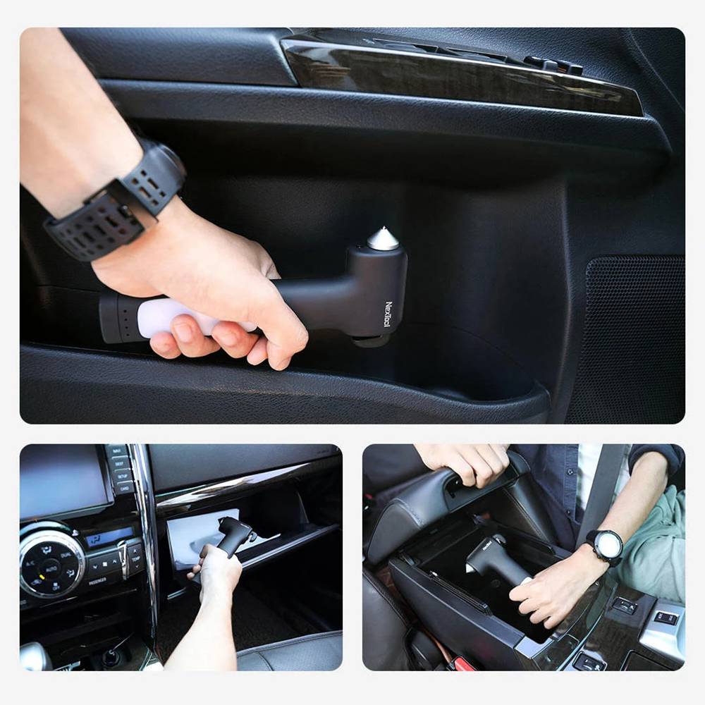 NexTool Multifunction Lifesaving Hammer Emergency Lighting Tungsten Steel Hammer Head Built-in Rope Cutter Magnet Fixed USB Charging Mobile Power - Black