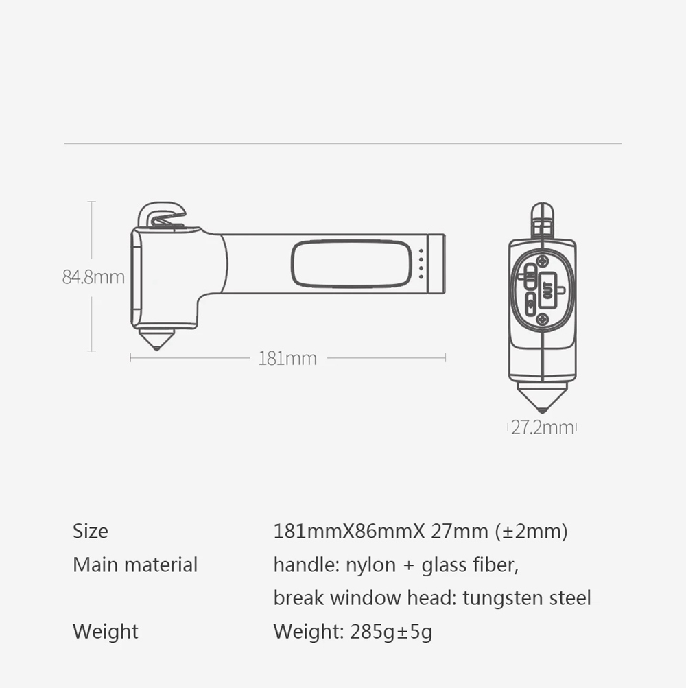 NexTool Multifunction Lifesaving Hammer Emergency Lighting Tungsten Steel Hammer Head Built-in Rope Cutter Magnet Fixed USB Charging Mobile Power - Black