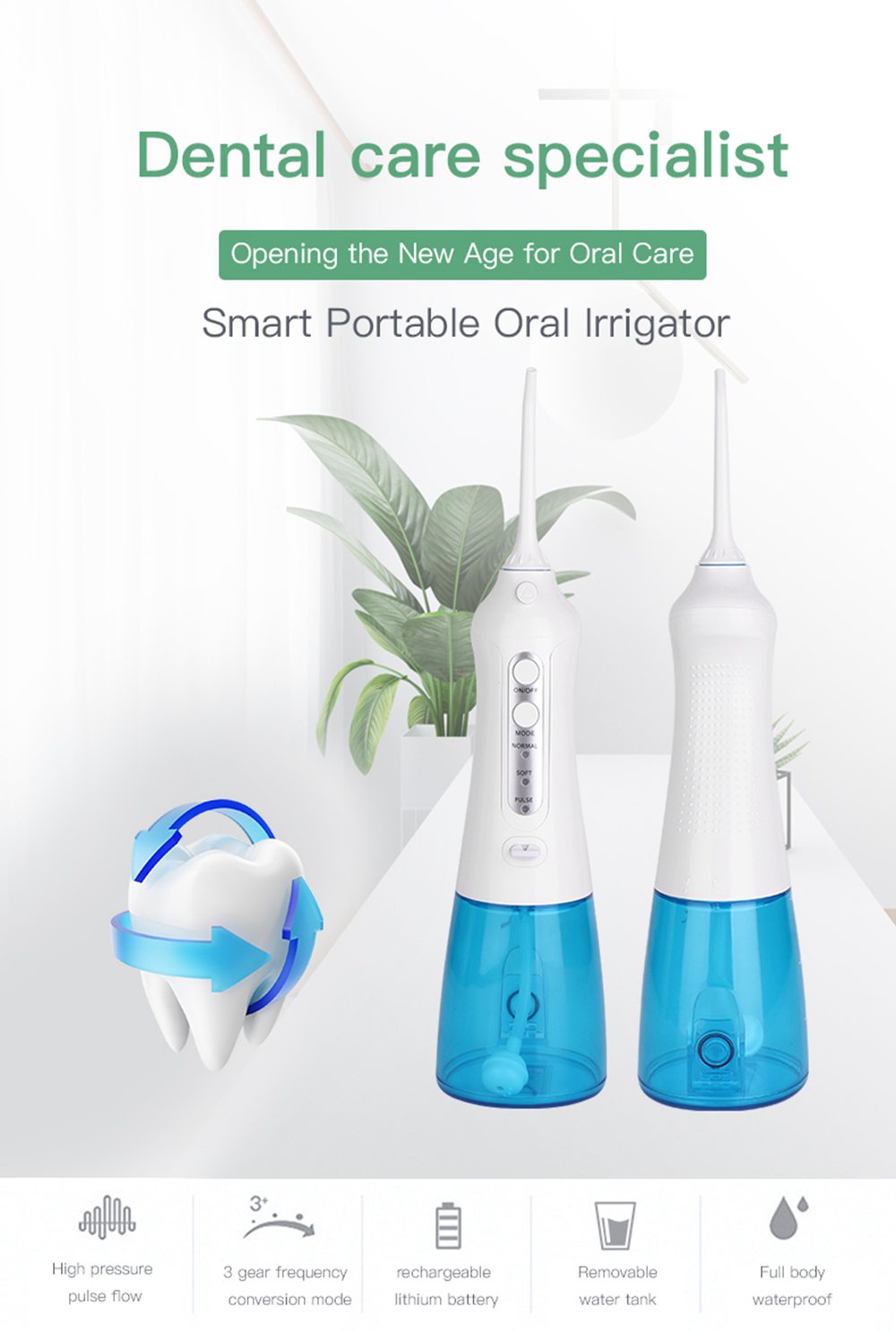 Portable Teeth Irrigator Mute Oral Care Three Modes USB Charging IPX7 Waterproof - White