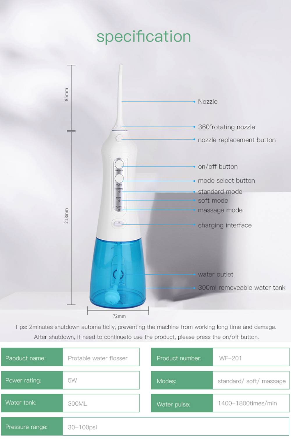 Portable Teeth Irrigator Mute Oral Care Three Modes USB Charging IPX7 Waterproof - White