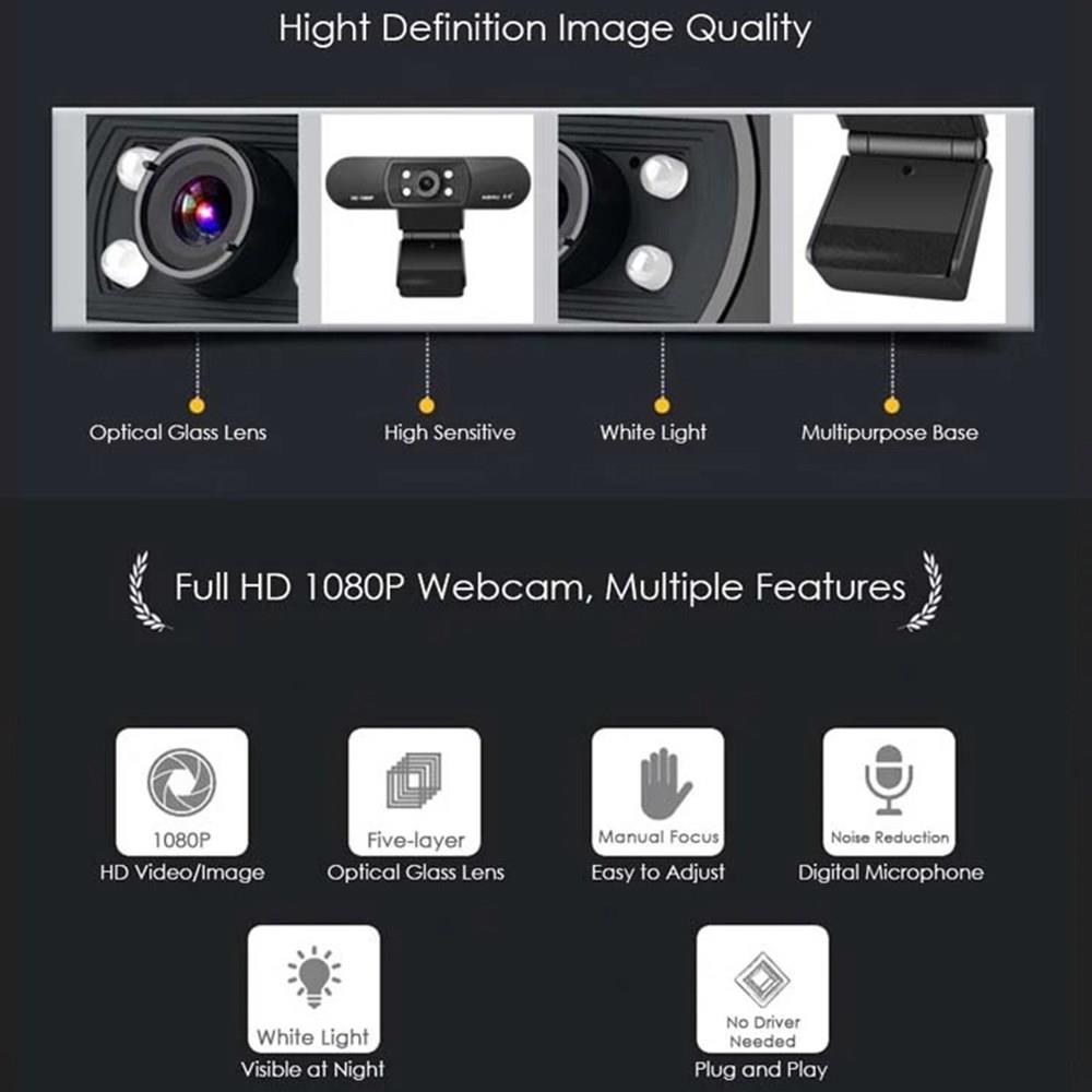 ASHU H800 1080P HD Webcam Built-In Microphone Auto Color Correction Support CC2000 TARGET ICQ For Laptop Desktop - Black