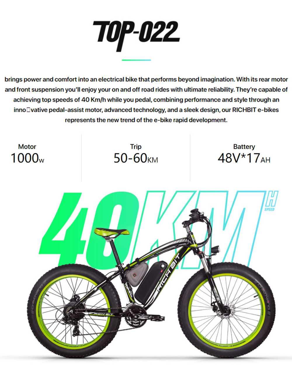 RICH BIT TOP-022 Electric Mountain Bike 26'' Tires 1000W Motor 35km/h Max Speed Up To 60km Range Dual Disc Brake LCD Display - Black Green
