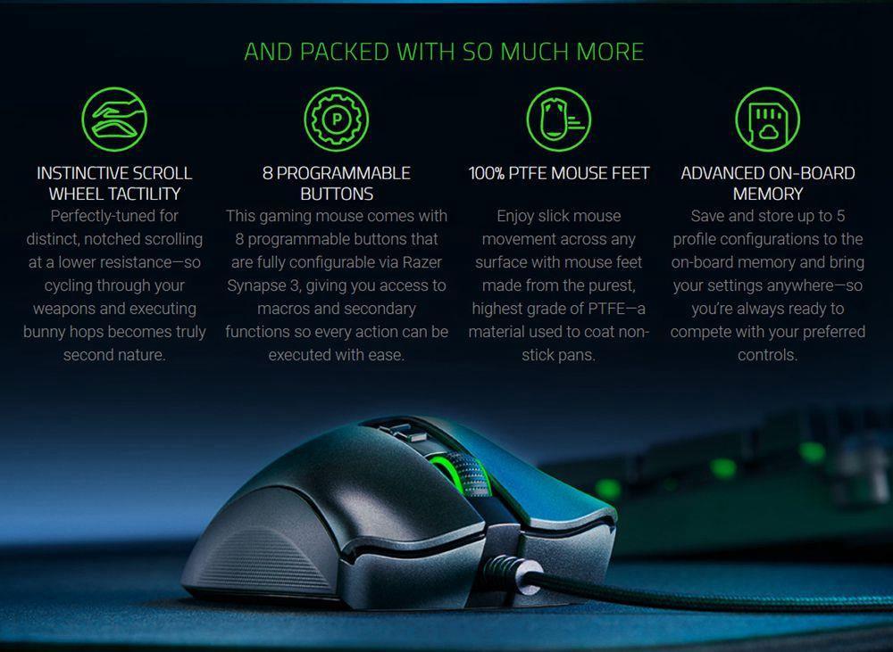 Razer DeathAdder V2 UltraLight Gaming Mouse 8 Programmable Key 20K DPI 5G Optical Sensor - Black