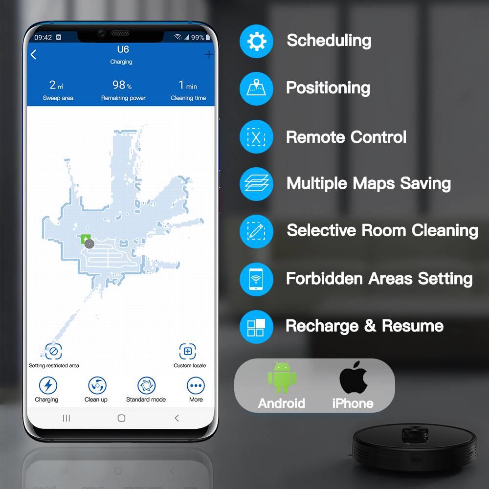 Proscenic U6 Intelligent Robot Vacuum Cleaner 2700Pa Suction LDS Laser Navigation Brushless Motor APP Control 300ml Electric Water Tank 150Min Runtime Automatic Charging - Black