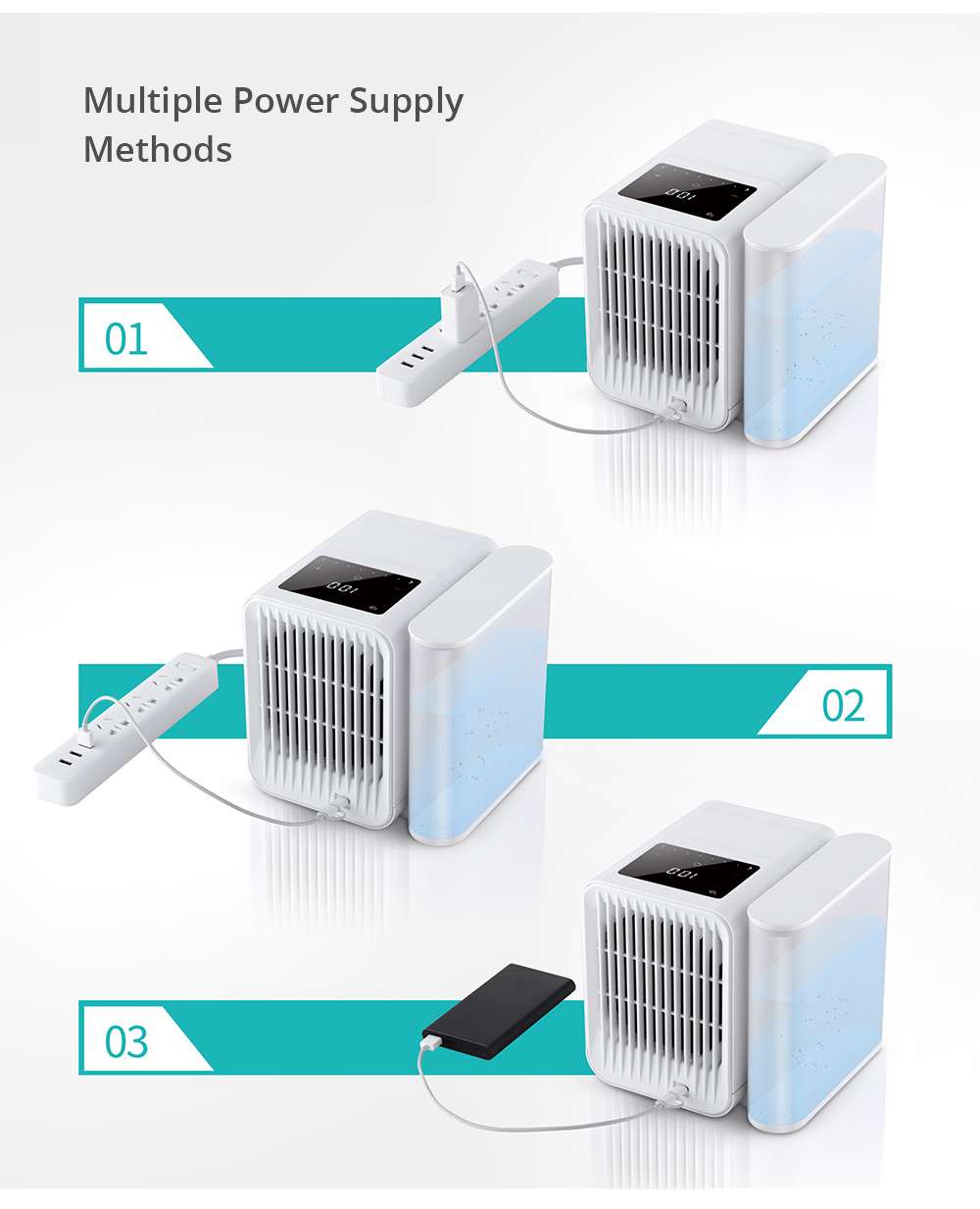 Portable Summer Air Conditioning Fan Refrigeration Humidification Purification Three-in-one Adjustable Wind Speed Angle 1000ml Removable Water Tank USB Type-C Interface - White