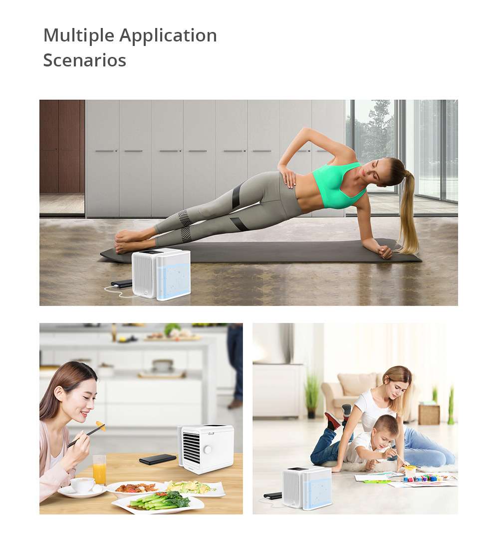 Portable Summer Air Conditioning Fan Refrigeration Humidification Purification Three-in-one Adjustable Wind Speed Angle 1000ml Removable Water Tank USB Type-C Interface - White