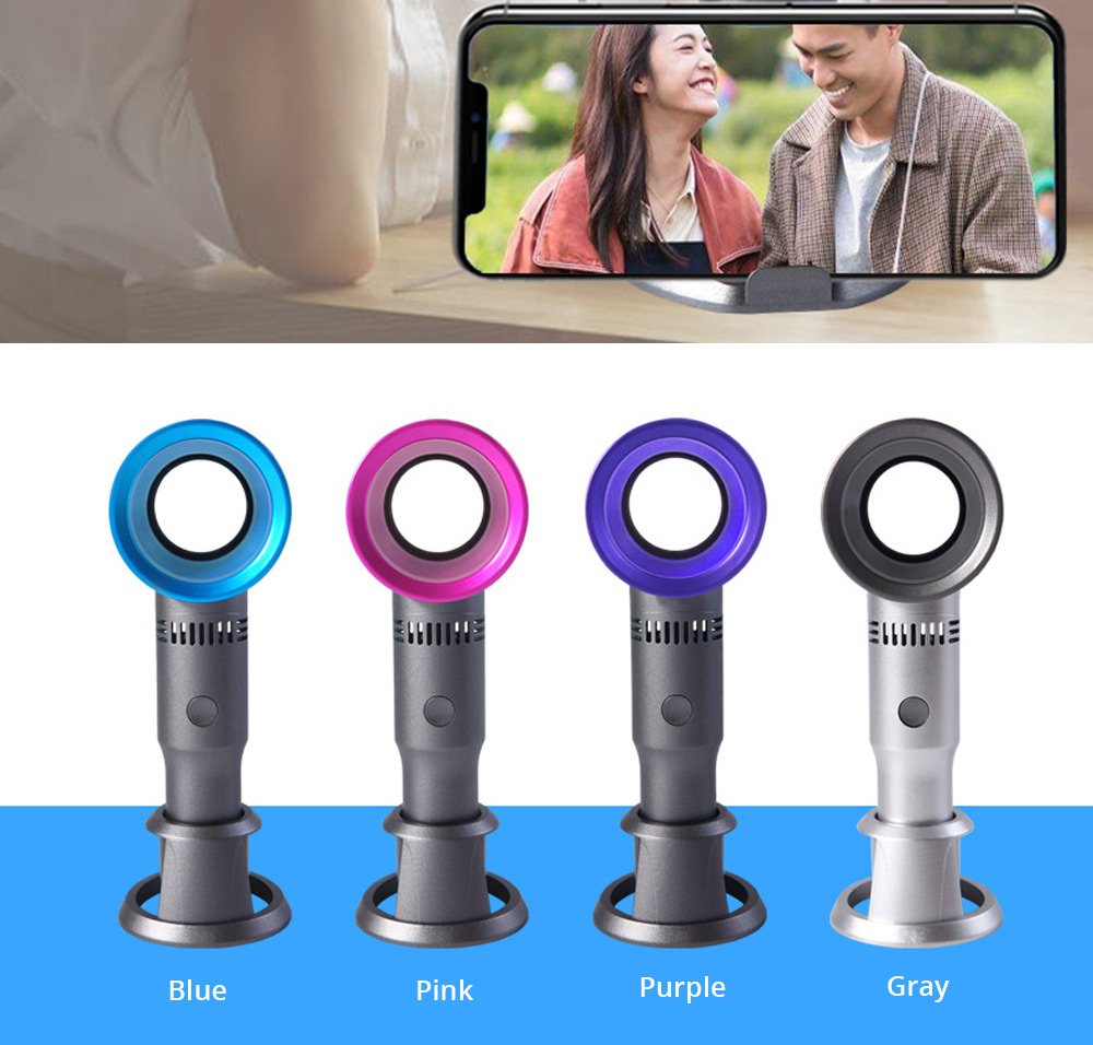 Portable Handheld Leafless Fan Manual Button USB Charging 2000mAh Battery Three Wind Speeds Detachable Base Summer Cool Down - Silver