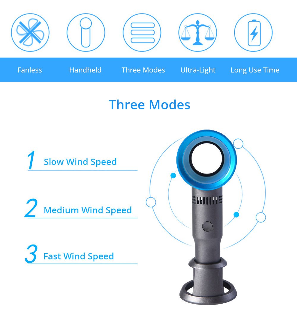 Portable Handheld Leafless Fan Manual Button USB Charging 2000mAh Battery Three Wind Speeds Detachable Base Summer Cool Down - Silver