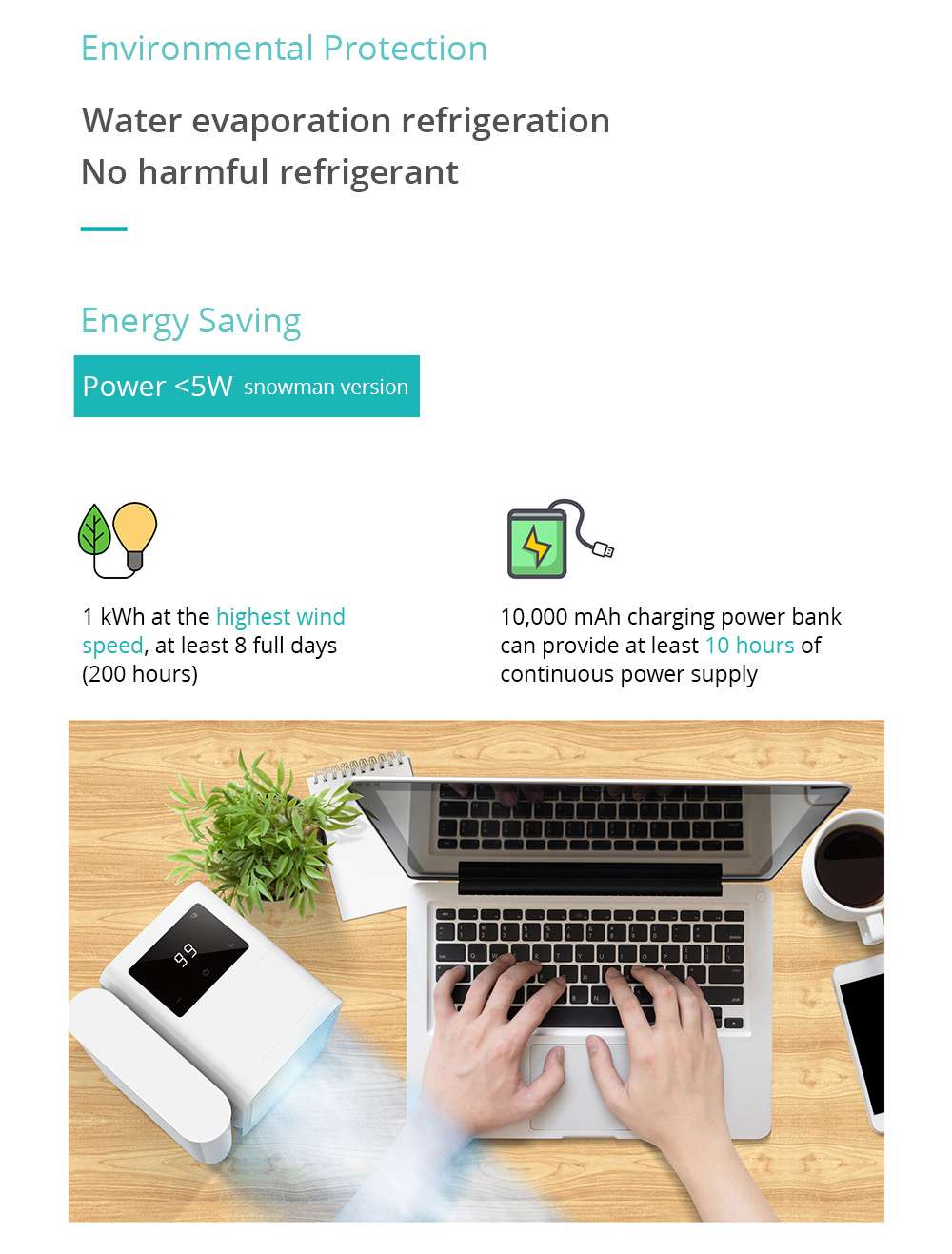 Portable Summer Air Conditioning Fan Refrigeration Humidification Purification Three-in-one Adjustable Wind Speed Angle 1000ml Removable Water Tank USB Type-C Interface - White