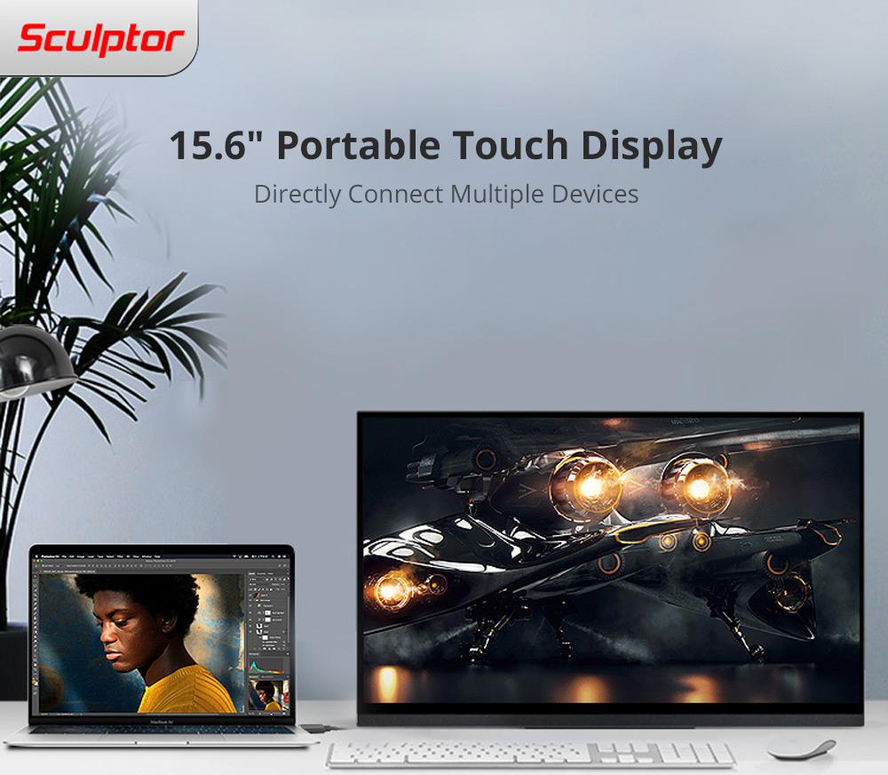 Sculptor MF156LR 15.6" 1080P FHD IPS OSD Touch Menu Portable Monitor 45% NTSC HDR Dual Type-C+Mini HDMI Gaming Display Screen For Smartphones Digital Cameras Tablets Laptops Game Consoles - Black