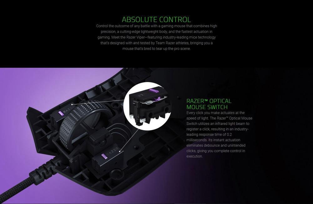 Razer Viper Ultralight Ambidextrous Wired Gaming Mouse 16000 DPI 8 Programmable Buttons - Black