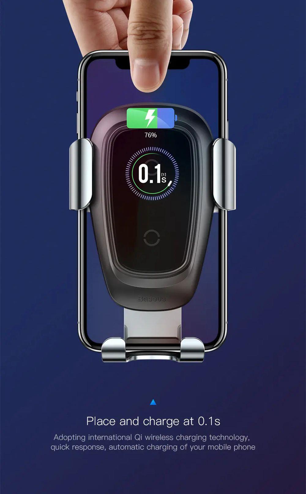 Baseus Qi Wireless Car Fast Charger Gravity Sucker Bracket 10W 360 Degrees Rotary For 4-6.5 Inch Phone - Black