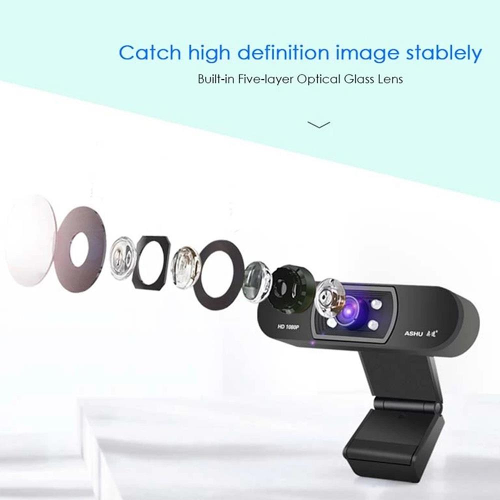 ASHU H800 1080P HD Webcam Built-In Microphone Auto Color Correction Support CC2000 TARGET ICQ For Laptop Desktop - Black