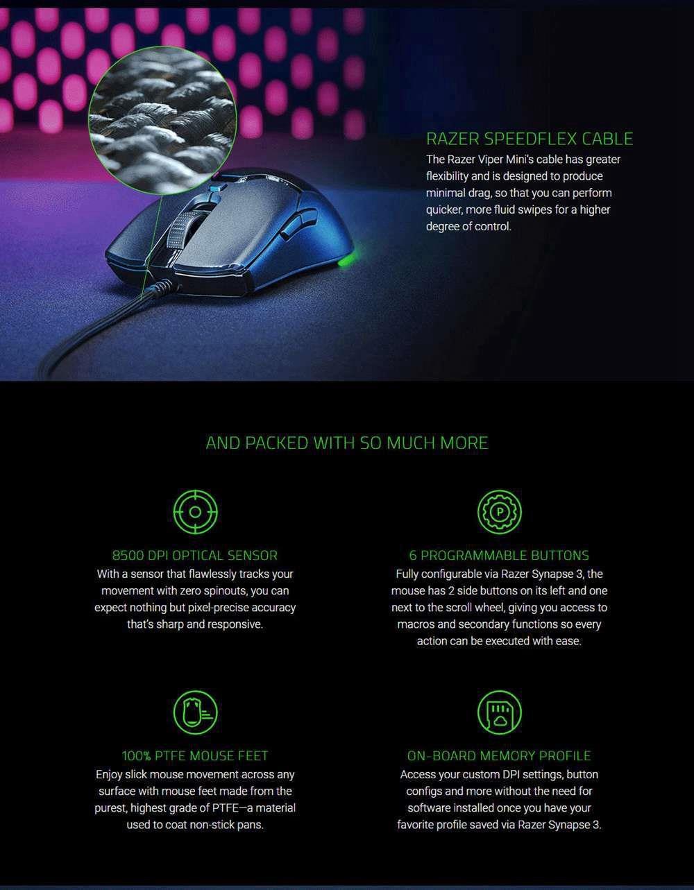 Razer Viper Mini RGB Gaming Mouse 8500 DPI Optical Sensor 6 Programmable Buttons 61G Ultra Light - Black