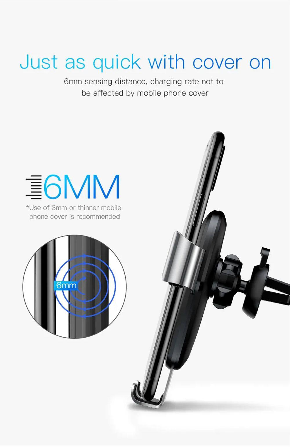 Baseus Qi Wireless Car Fast Charger Gravity Sucker Bracket 10W 360 Degrees Rotary For 4-6.5 Inch Phone - Black