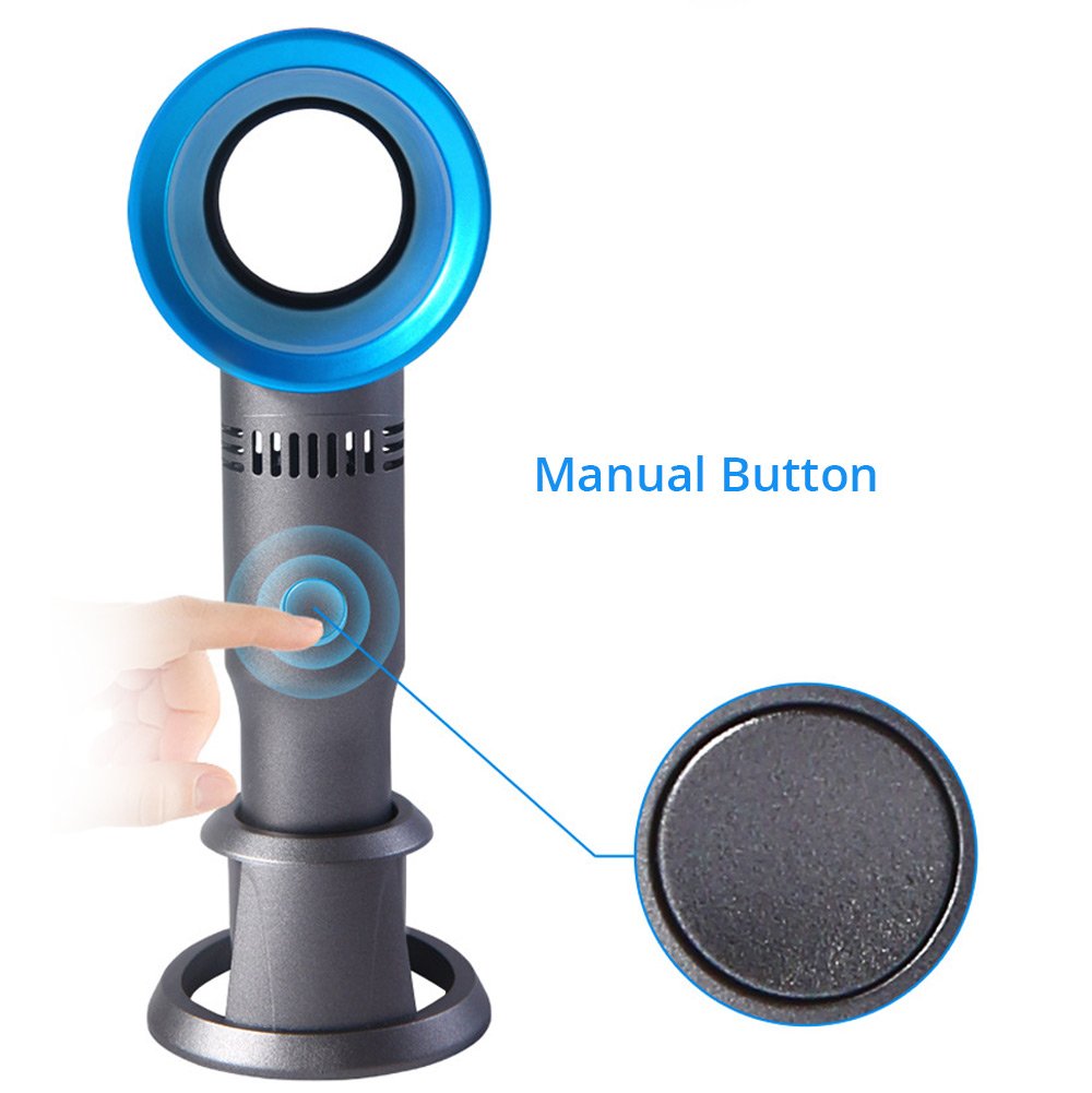 Portable Handheld Leafless Fan Manual Button USB Charging 2000mAh Battery Three Wind Speeds Detachable Base Summer Cool Down - Silver