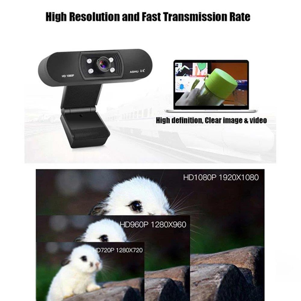 ASHU H800 1080P HD Webcam Built-In Microphone Auto Color Correction Support CC2000 TARGET ICQ For Laptop Desktop - Black