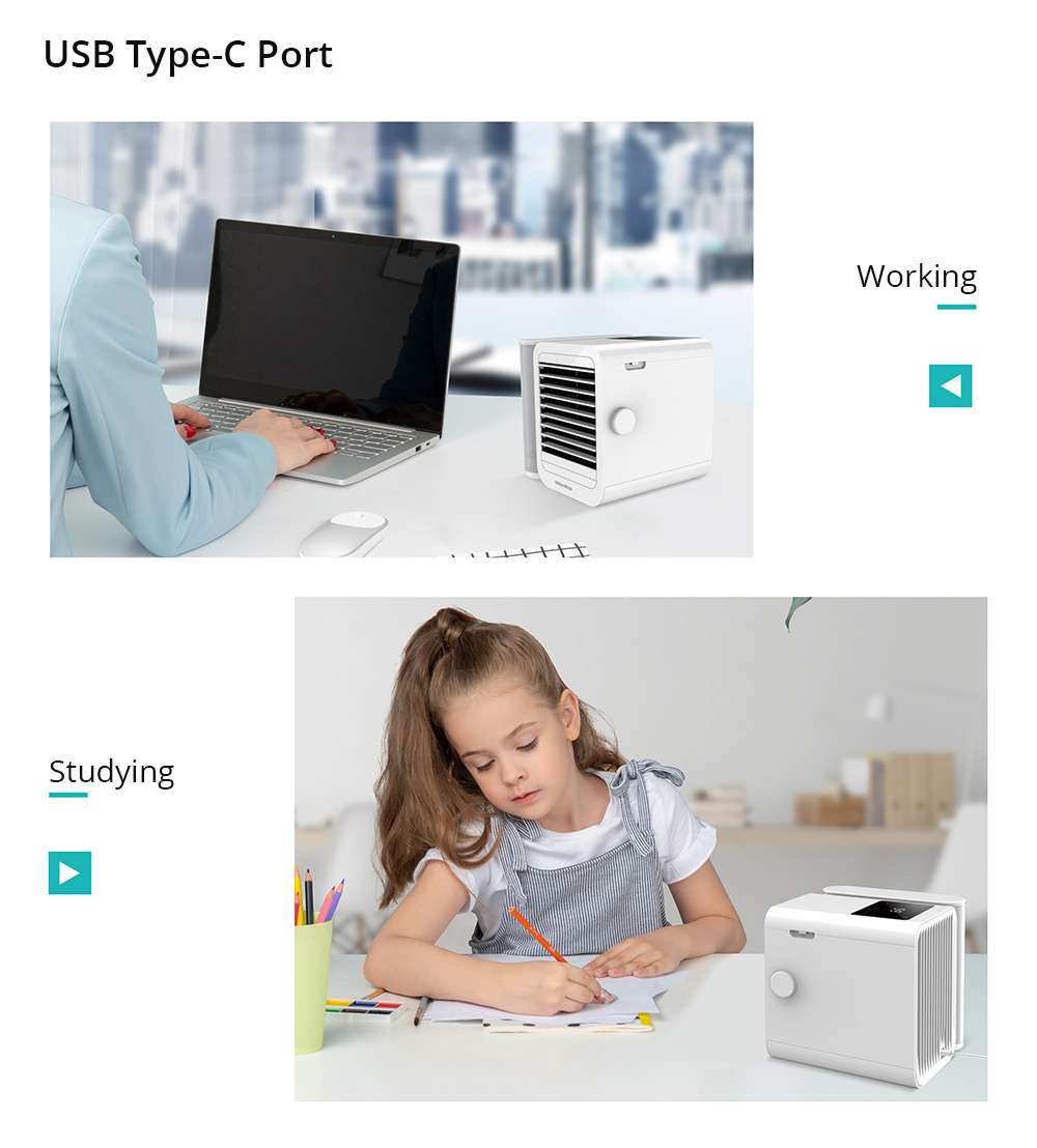 Portable Summer Air Conditioning Fan Refrigeration Humidification Purification Three-in-one Adjustable Wind Speed Angle 1000ml Removable Water Tank USB Type-C Interface - White