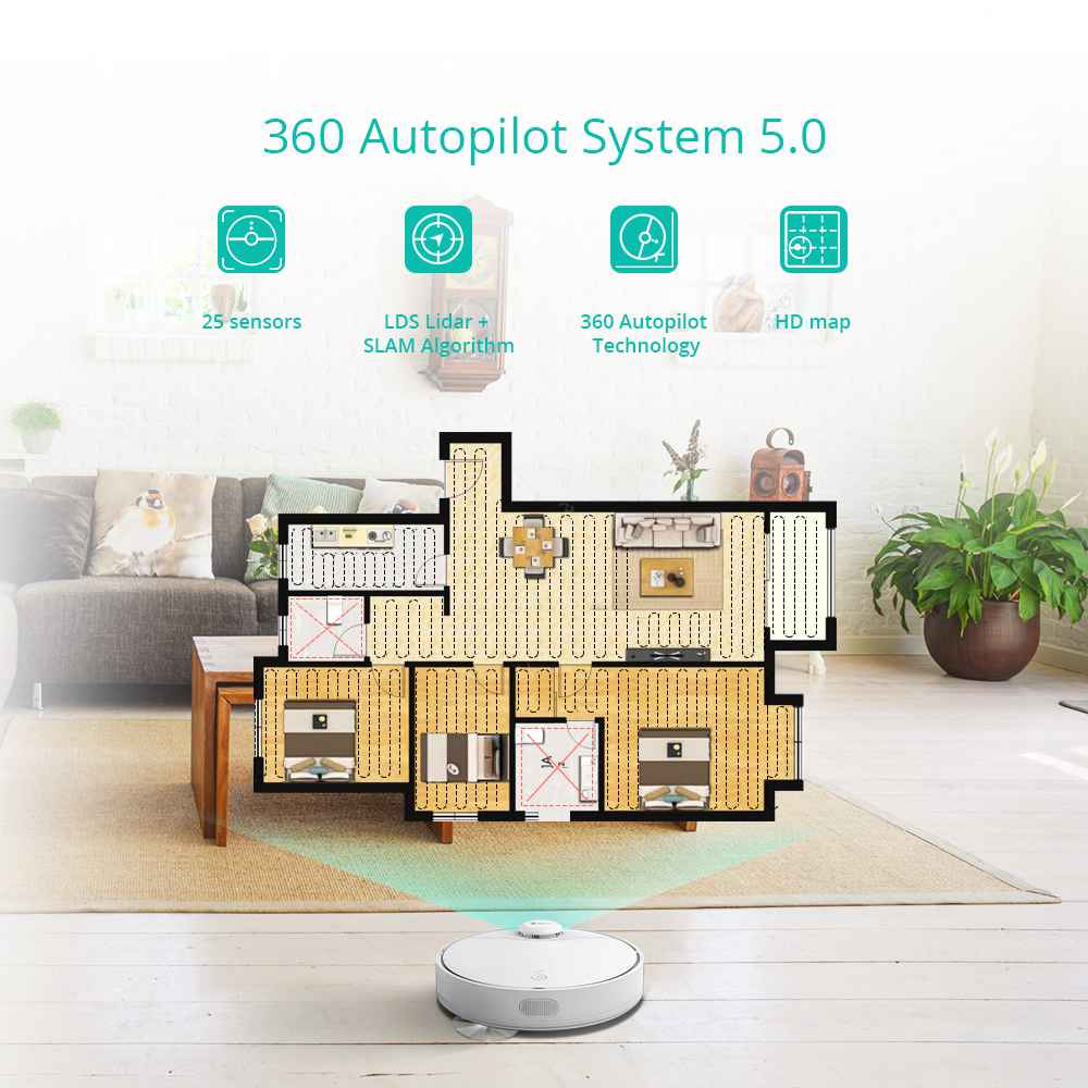 360 S9 Intelligent Robot Vacuum Cleaner Mopping Sweeping 2200Pa Suction LDS Lidar 5200mAh Battery 3 Hours Runtime 55dB Silent Automatic Charging - White
