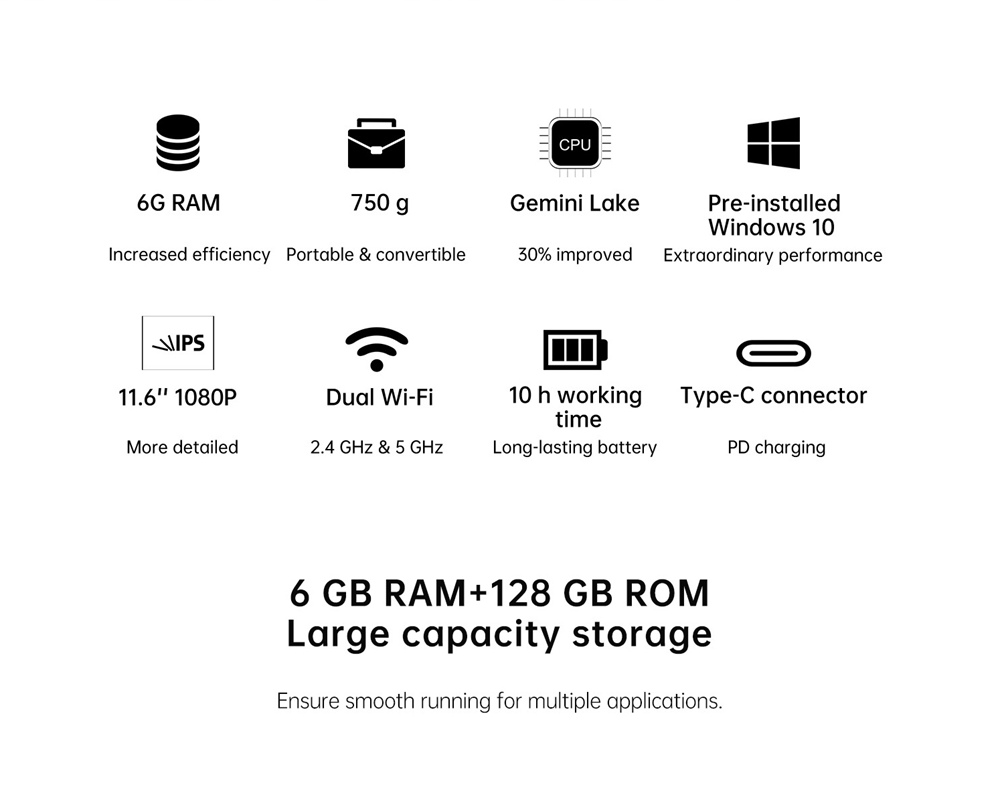 ALLDOCUBE KNote 5 Pro Tablet PC Intel Gemini Lake N4000 11.6 Inch 1920 x 1080 IPS Screen UHD600 Windows 10 6GB RAM 128GB SSD 4000mAh Battery English Version - Black