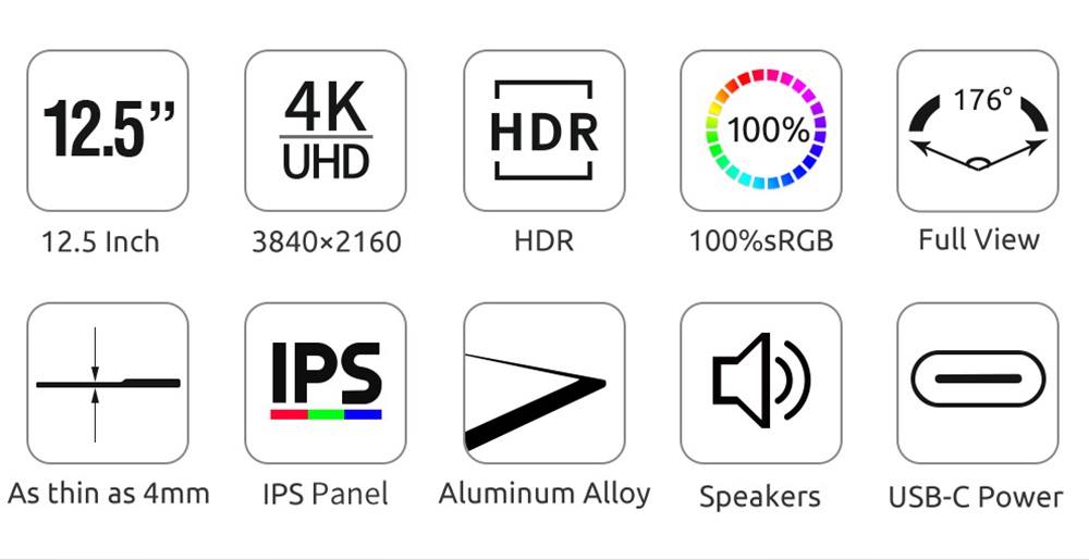 AOSIMAN ASM-125UC Portable Monitor 12.5 inch IPS Touch Screen 100% sRGB HDR 4K Full Metal Body Dual type-C+mini HDMI