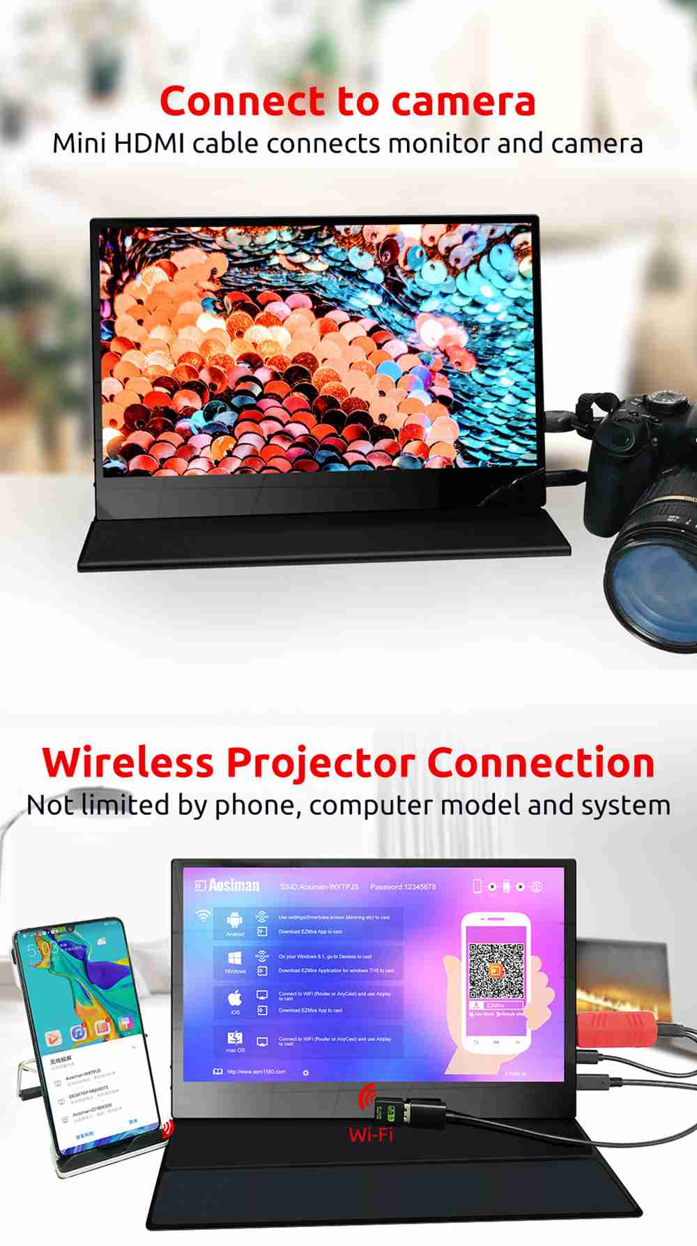 AOSIMAN ASM-125UC Portable Monitor 12.5 inch IPS Touch Screen 100% sRGB HDR 4K Full Metal Body Dual type-C+mini HDMI
