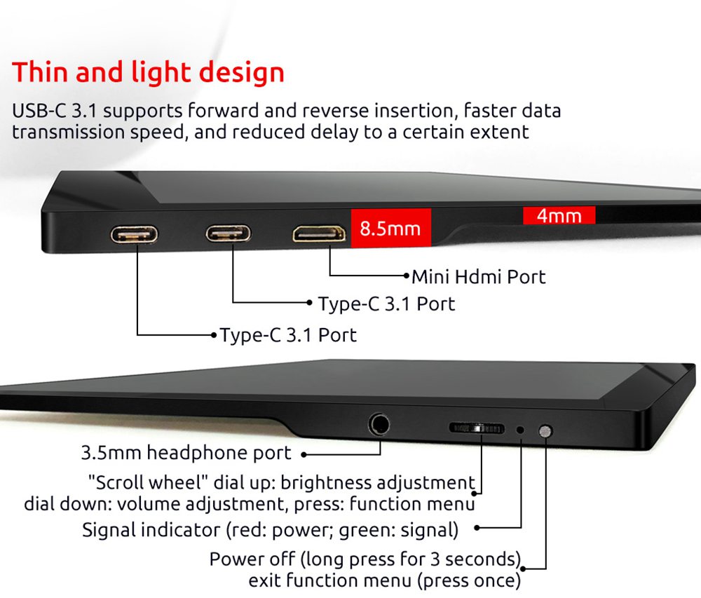 AOSIMAN ASM-125UC Portable Monitor 12.5 inch IPS Touch Screen 100% sRGB HDR 4K Full Metal Body Dual type-C+mini HDMI