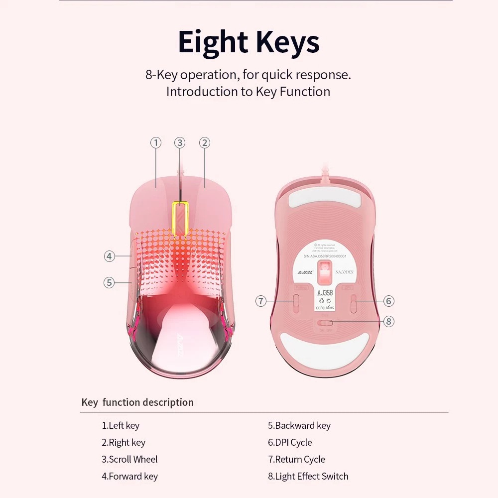 Ajazz AJ358 Wired USB Colorful Backlight Gaming Mouse 10000DPI PMW3325 Chip 8 Button - Pink
