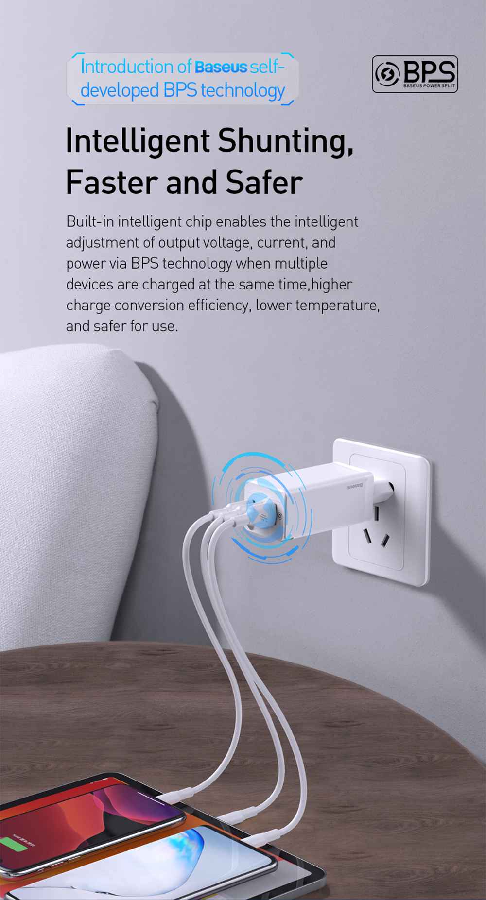 Baseus GaN 65W QC4.0 PD3.0 Triple Output 2*Type-C 1*USB Mini Wall Charger Universal Travel Charger for Samsung S10 iPhone 11 Pro Max  HUAWEI P30 Pro Xiaomi K20 Pro US Plug - Black