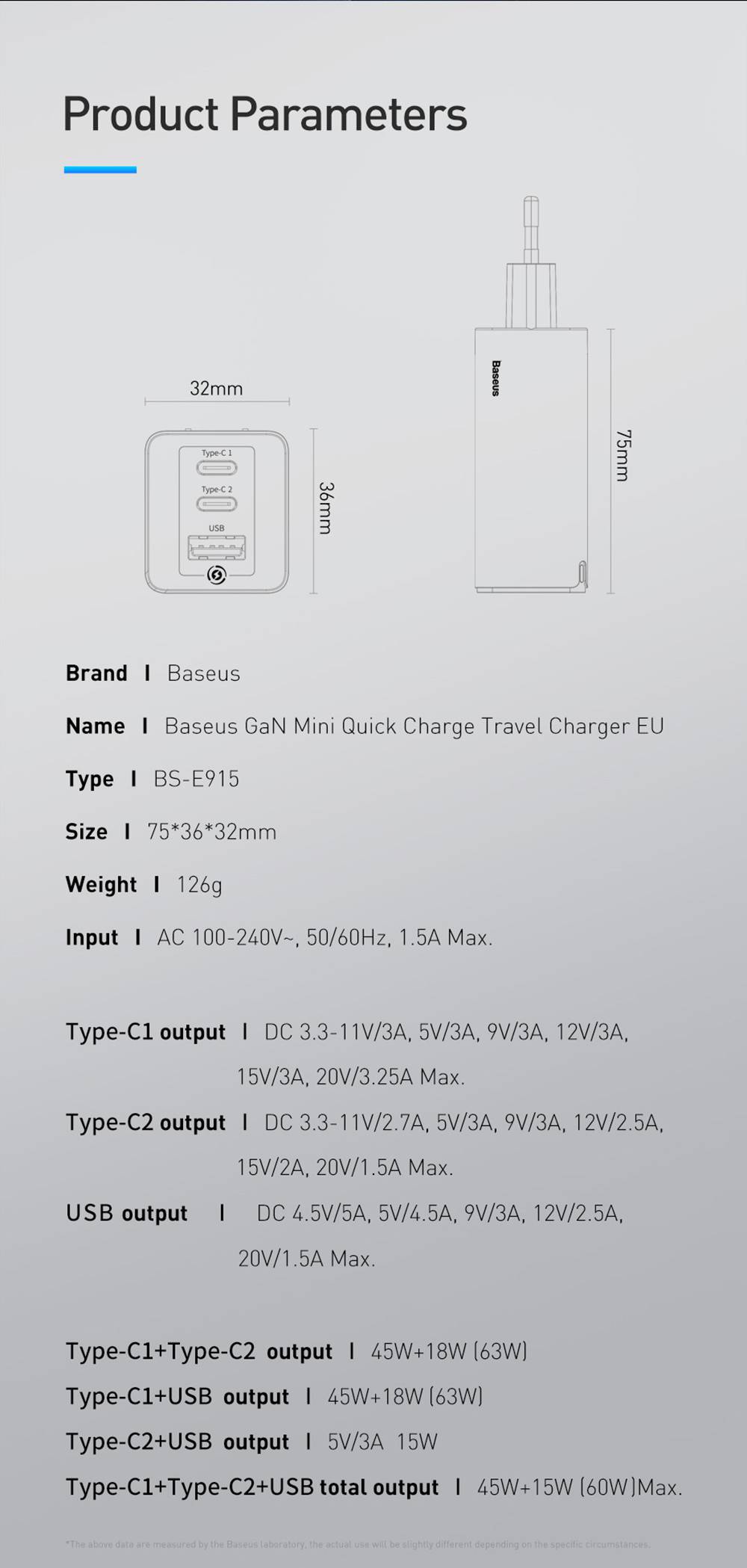 Baseus GaN 65W QC4.0 PD3.0 Triple Output 2*Type-C 1*USB Mini Wall Charger Universal Travel Charger for Samsung S10 iPhone 11 Pro Max  HUAWEI P30 Pro Xiaomi K20 Pro US Plug - Black