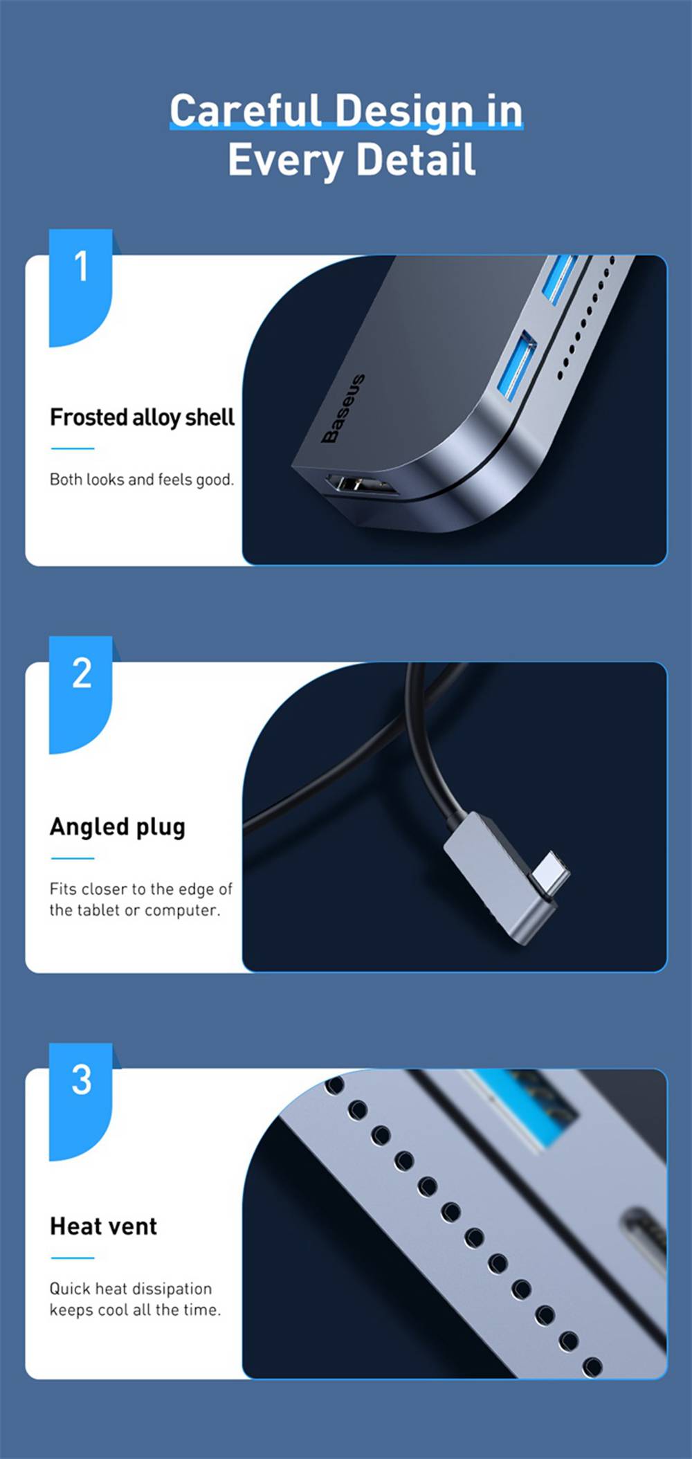 Baseus Bend Angle No.7 Hangable Multifunctional Type-C HUB Converter USB 3.0 Interface Support 4K 30Hz Video Transmission 2T Rapid Reading 60W PD Input - Dark Gray