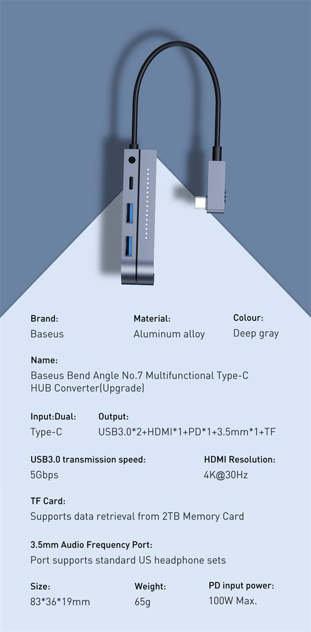 Baseus Bend Angle No.7 Hangable Multifunctional Type-C HUB Converter USB 3.0 Interface Support 4K 30Hz Video Transmission 2T Rapid Reading 60W PD Input - Dark Gray