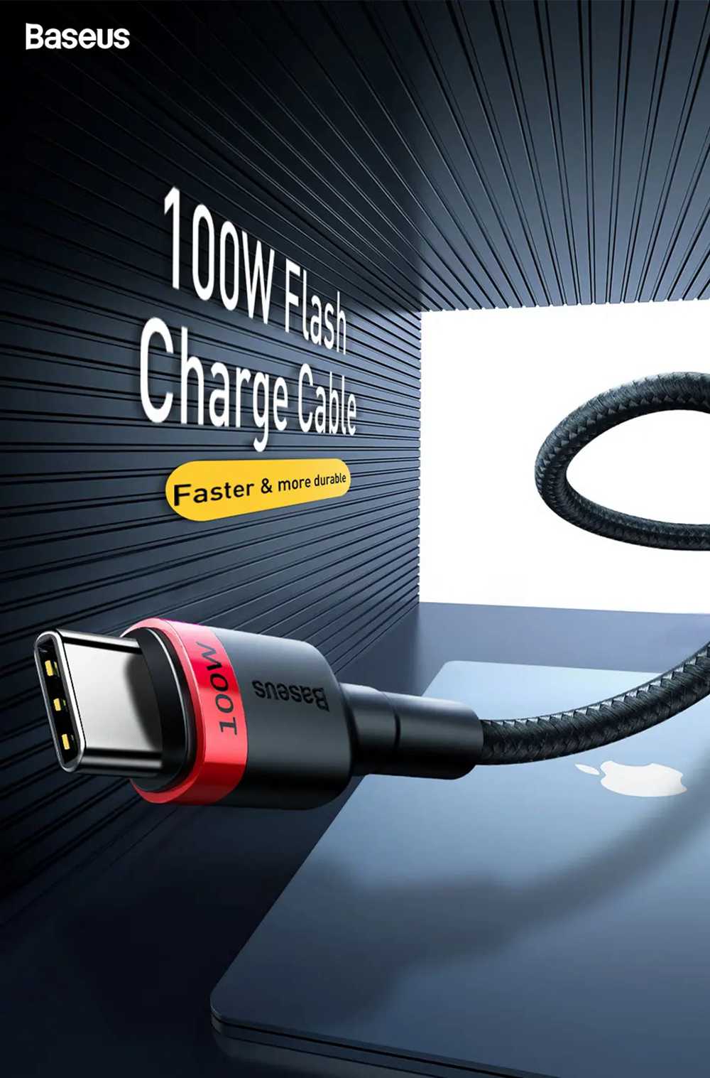Baseus CafuLe 2m Type-C PD 2.0 Flash Charging Data Cable Support 100W / 20V / 5A / QC 3.0 Fast Charge For Laptop / Mobile - Black