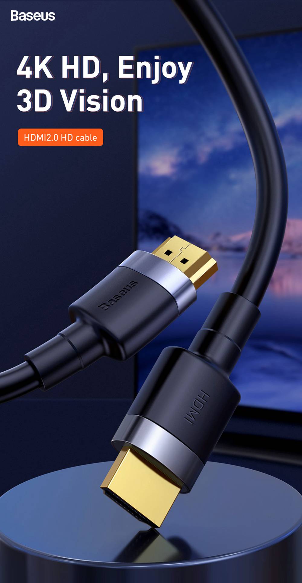 Baseus Cafule 1m Audio Video Conversion Cable 4K 60Hz Resolution HDMI2.0 Signal Transmission - Black