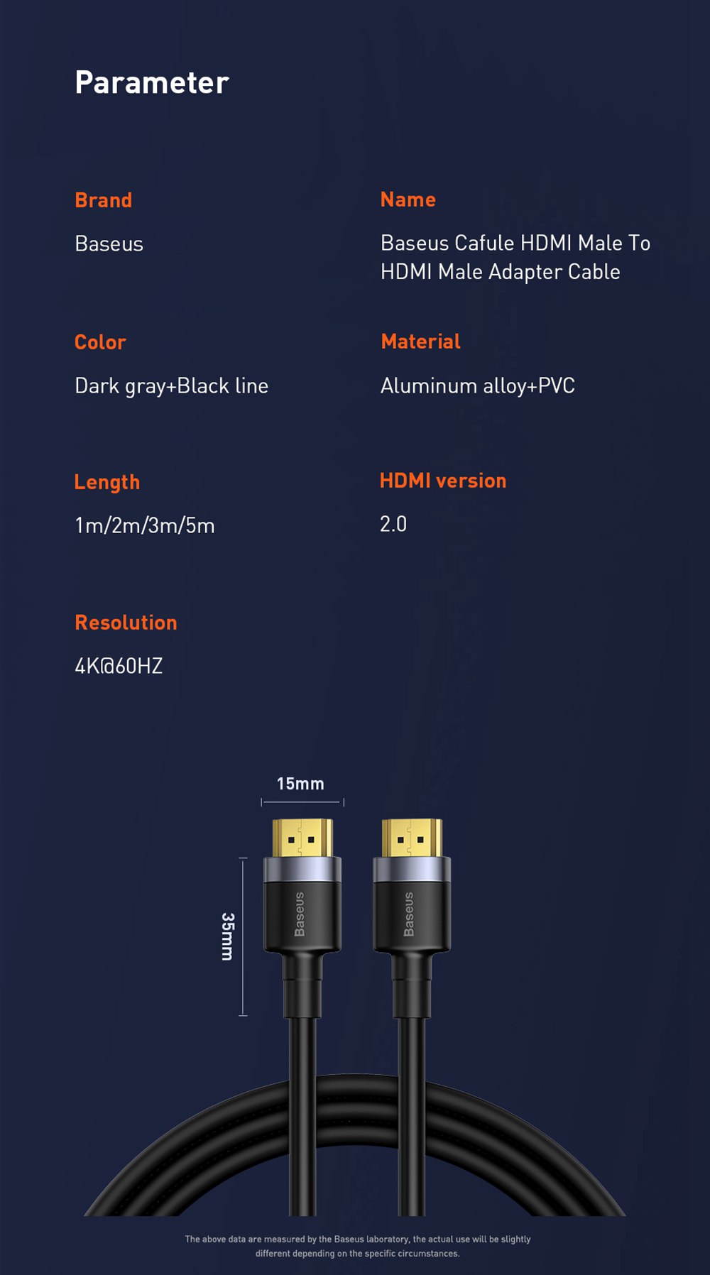 Baseus Cafule 1m Audio Video Conversion Cable 4K 60Hz Resolution HDMI2.0 Signal Transmission - Black