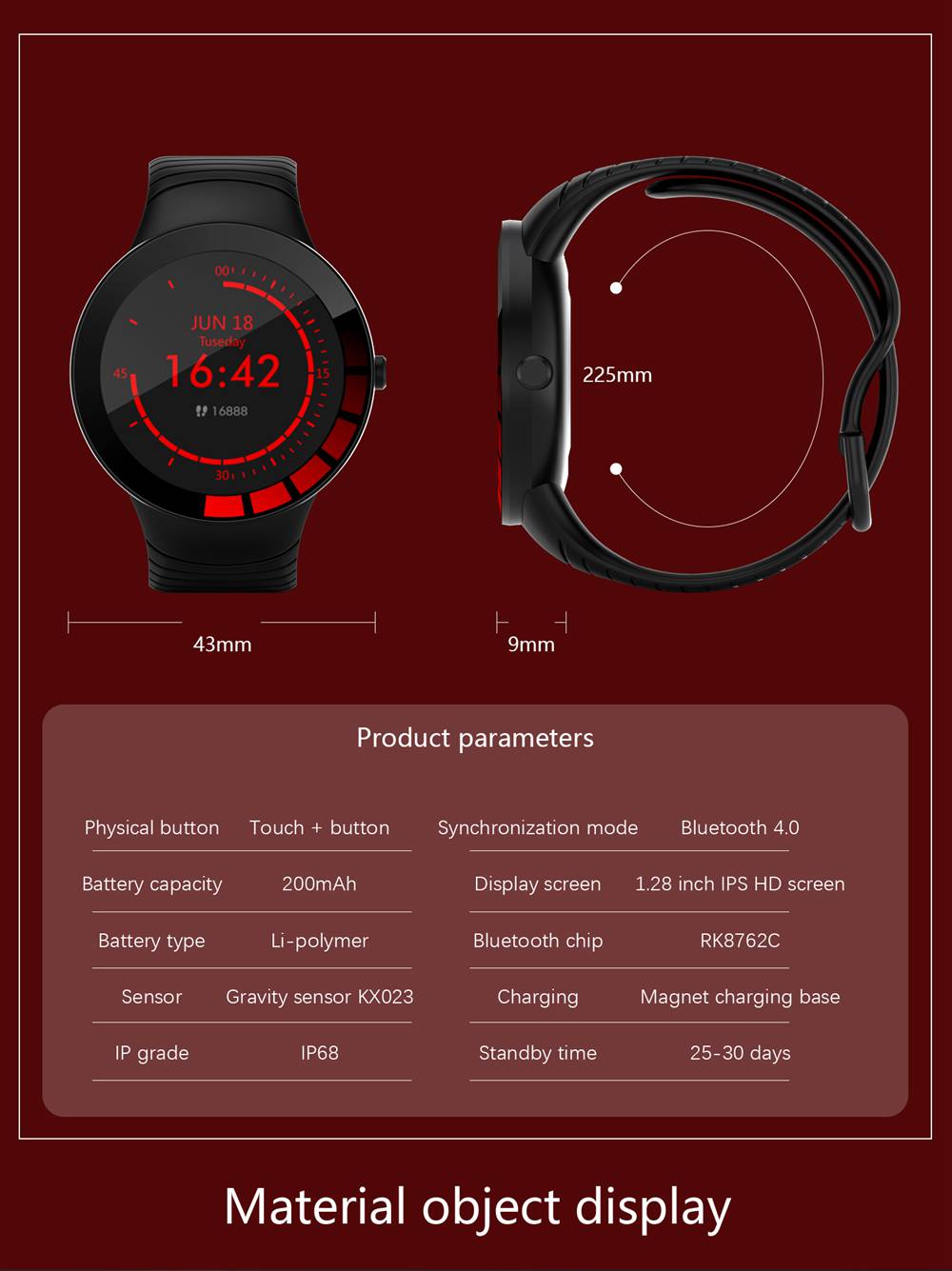 Makibes E3 Smart Watch 1.28 Inch IPS Screen IP67 Heart Rate Blood Pressure Monitor TPU Strap - Black