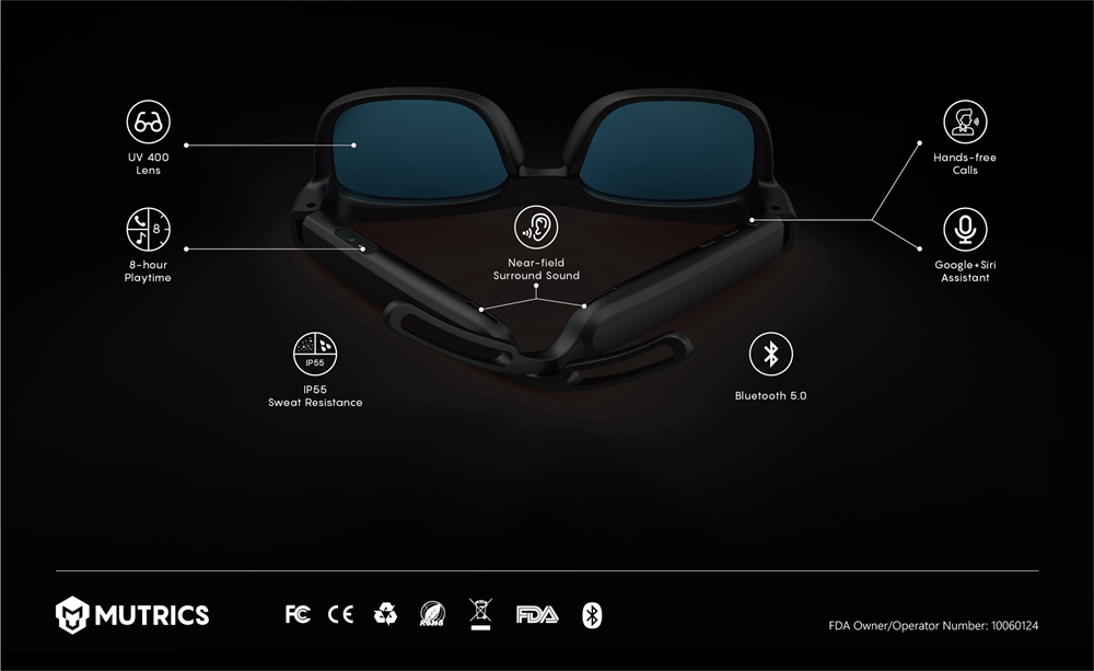 Mutrics MUSIG-X Smart Audio Sunglasses Audio Qualcomm AptX cVc Virtual 5.1 IP55 Siri Assistant - Black